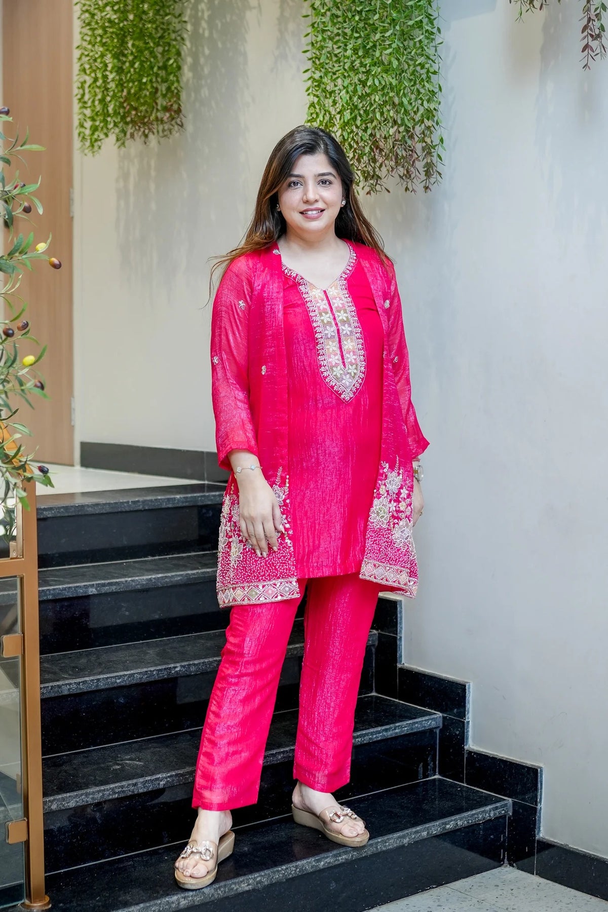 Rani pink Chinon Embroidered Kurta and Pant Set with Jacket Koti