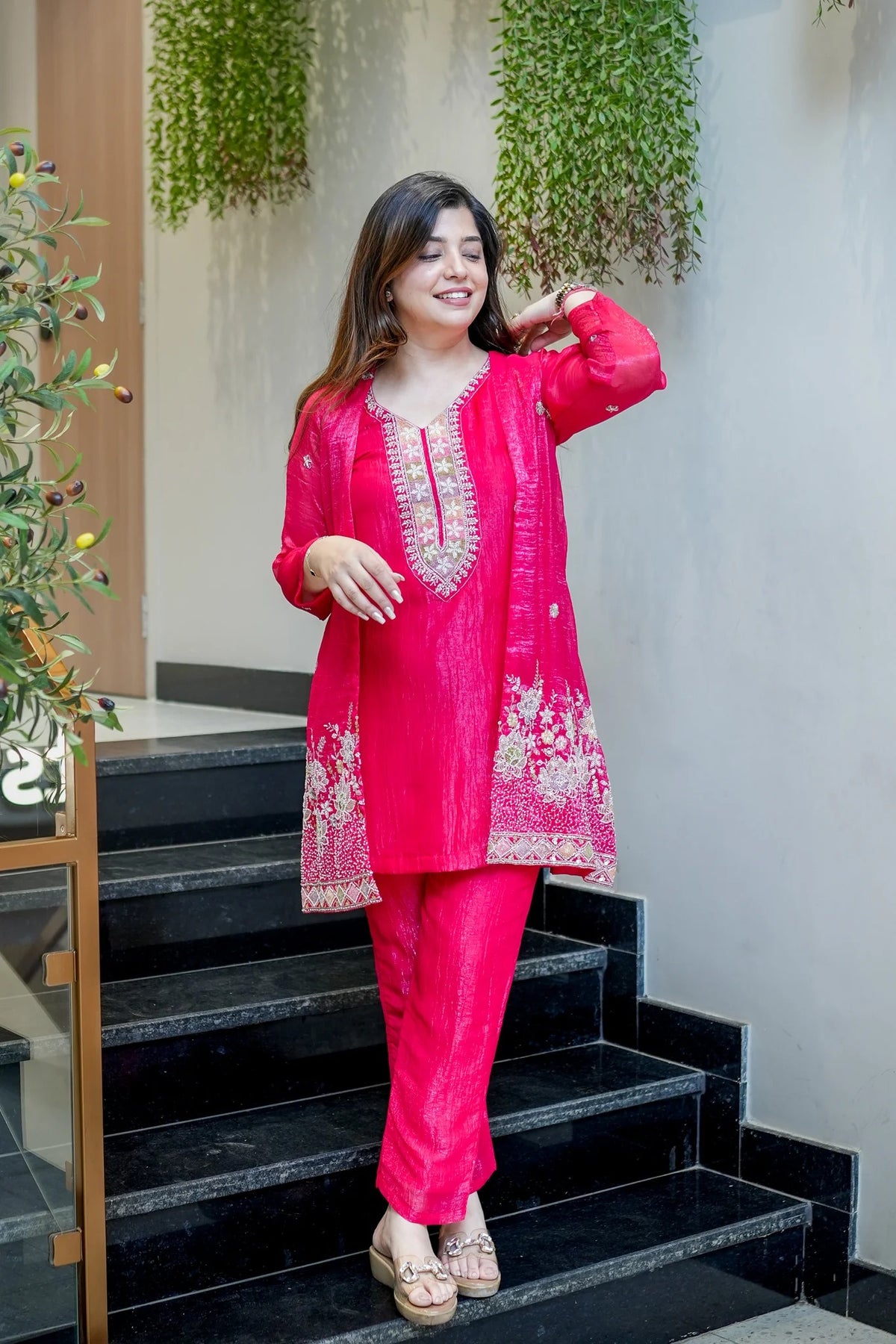 Rani pink Chinon Embroidered Kurta and Pant Set with Jacket Koti