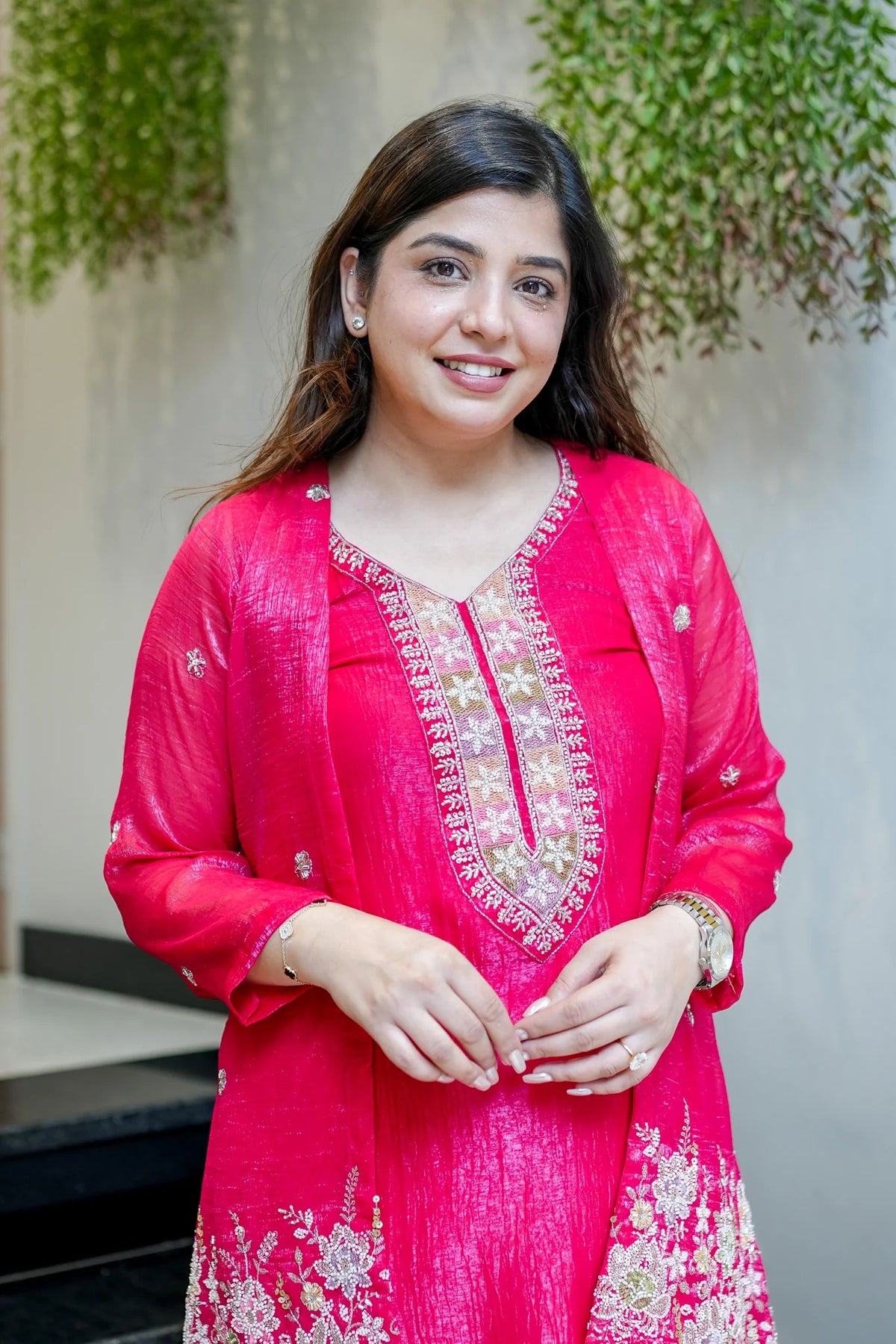 Rani pink Chinon Embroidered Kurta and Pant Set with Jacket Koti