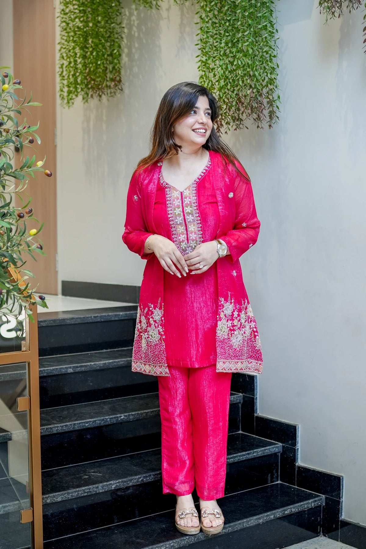 Rani pink Chinon Embroidered Kurta and Pant Set with Jacket Koti