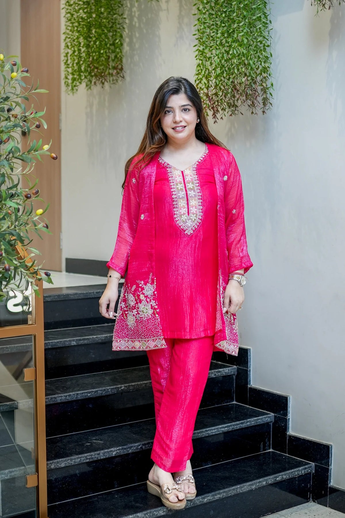 Rani pink Chinon Embroidered Kurta and Pant Set with Jacket Koti