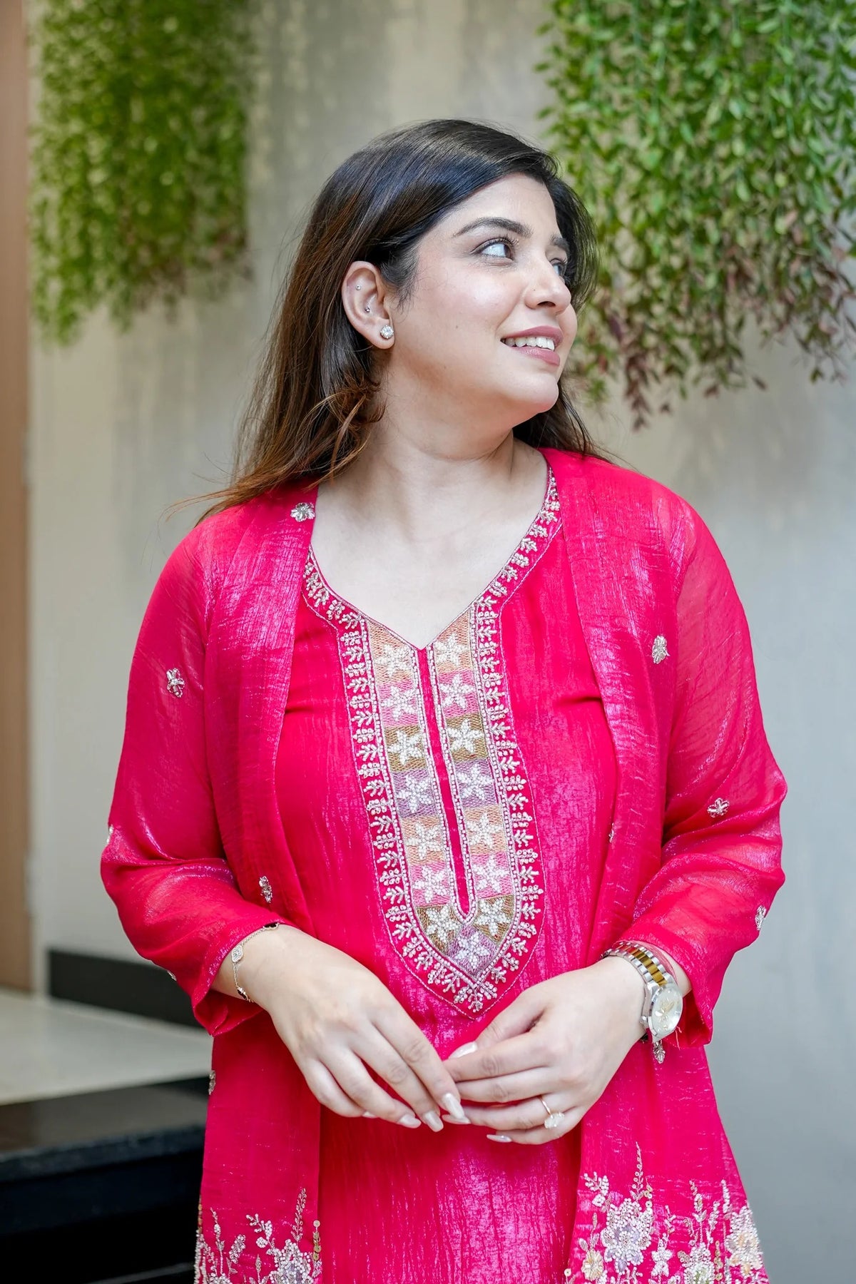 Rani pink Chinon Embroidered Kurta and Pant Set with Jacket Koti