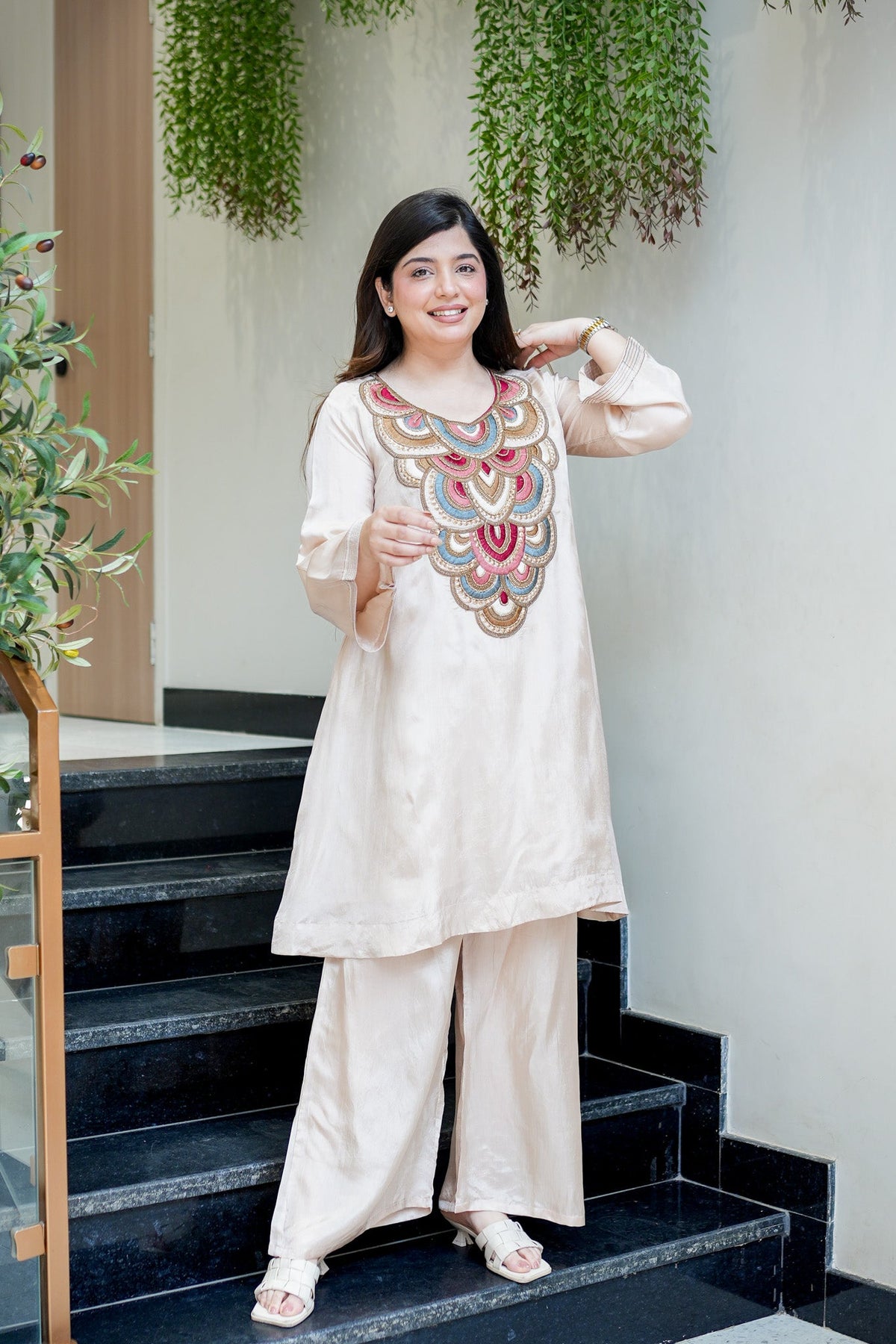White Embroidered A-Line Kurta Suit Set for Women