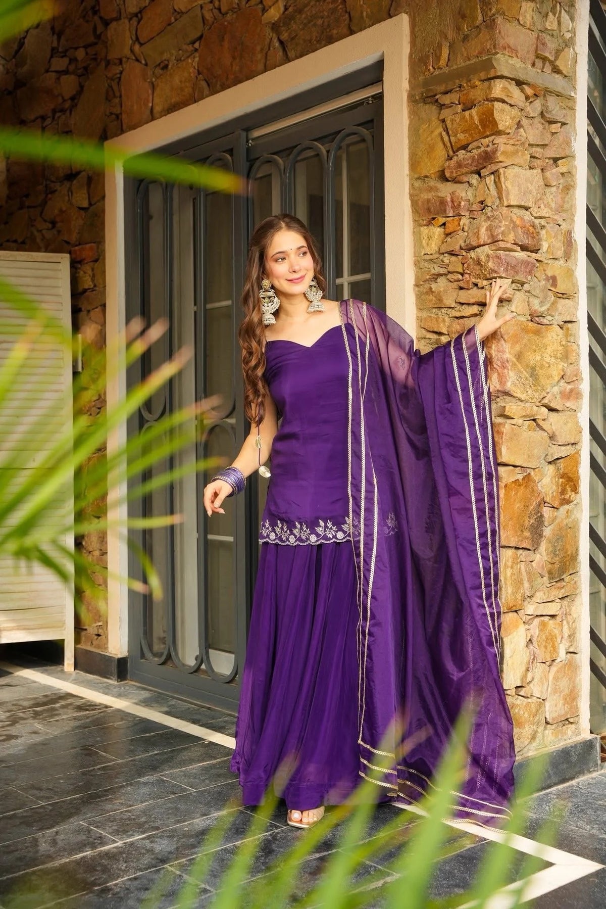 Purple Embroidered Short Kurti with Sharara and Dupatta Set
