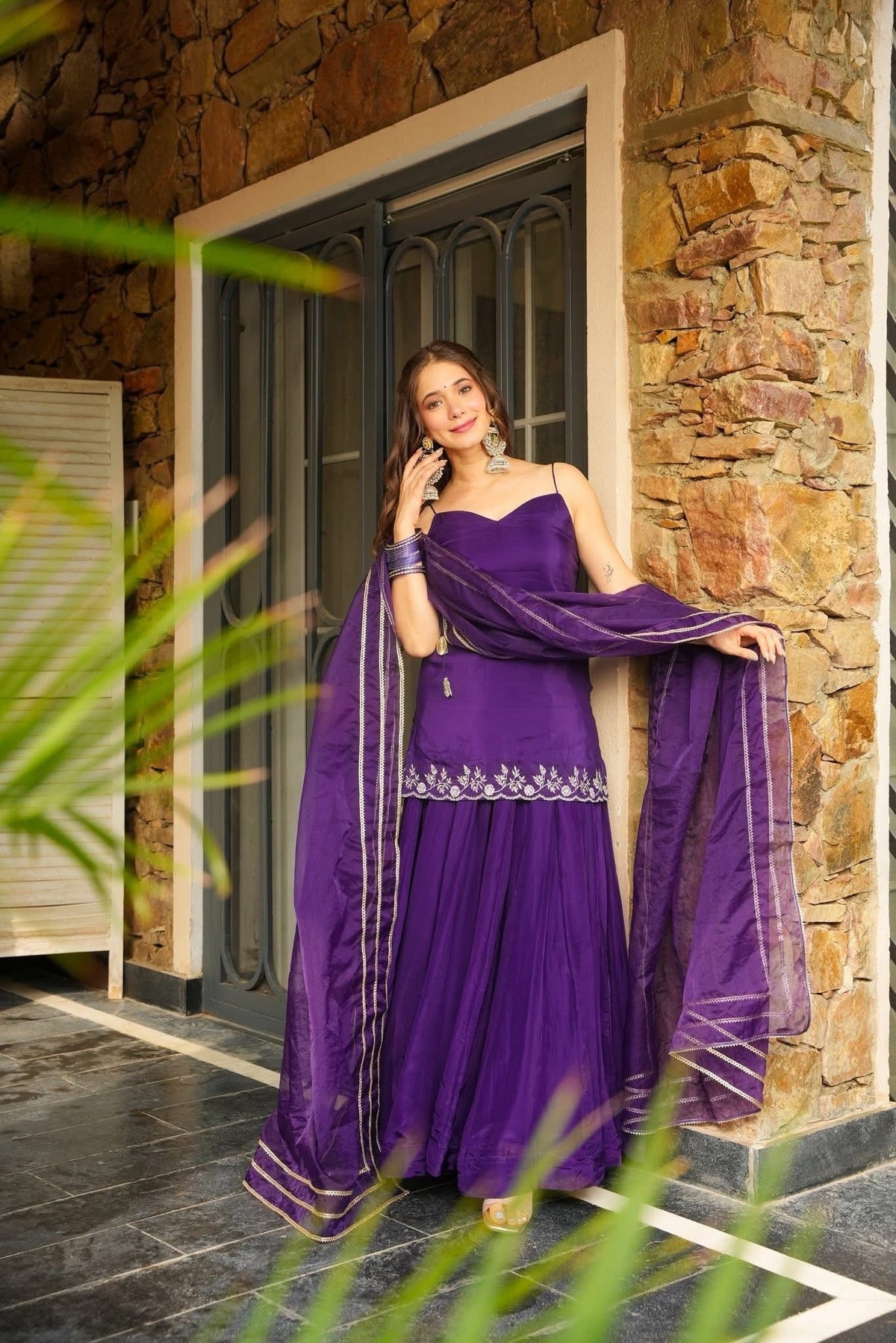 Purple Embroidered Short Kurti with Sharara and Dupatta Set