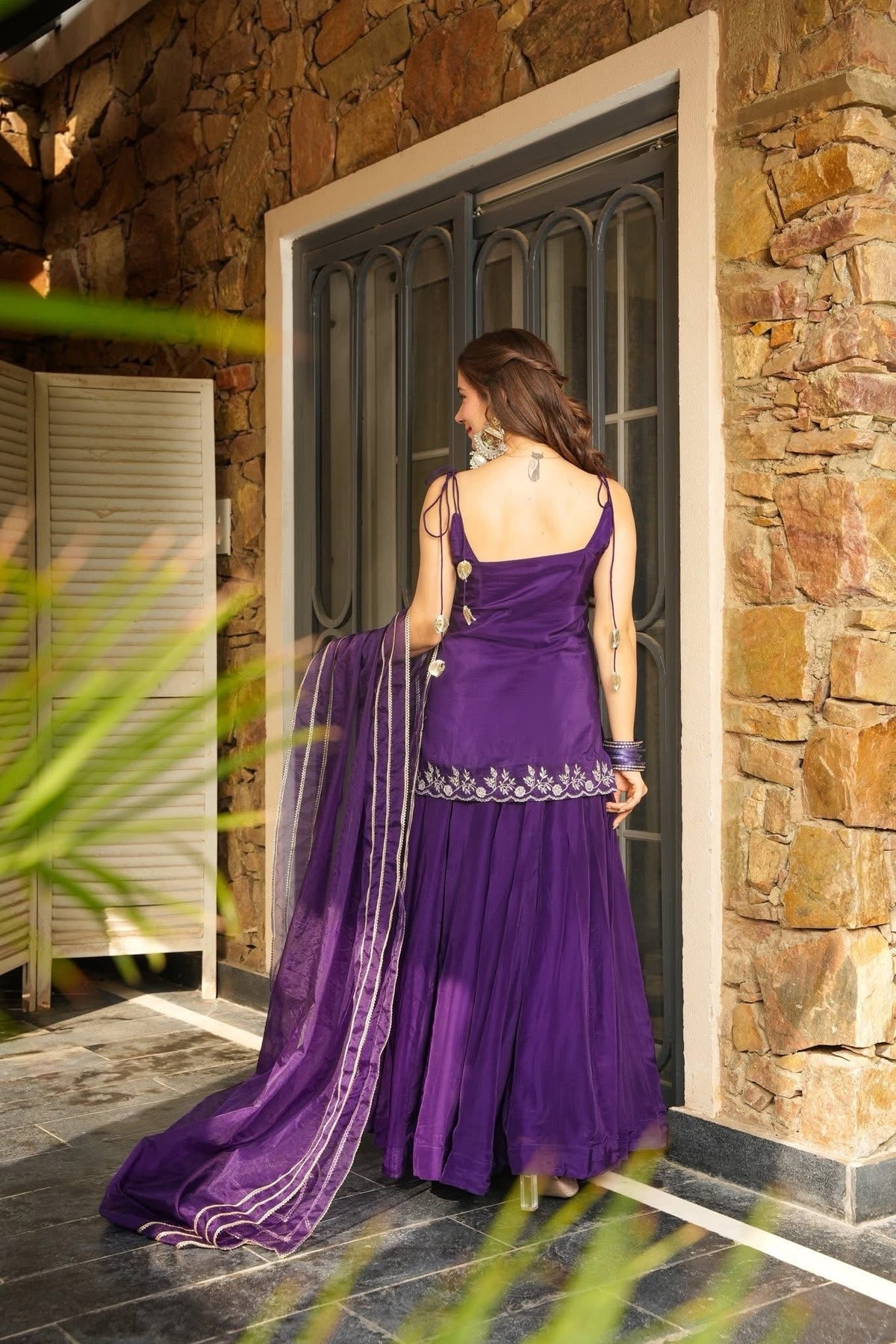Purple Embroidered Short Kurti with Sharara and Dupatta Set