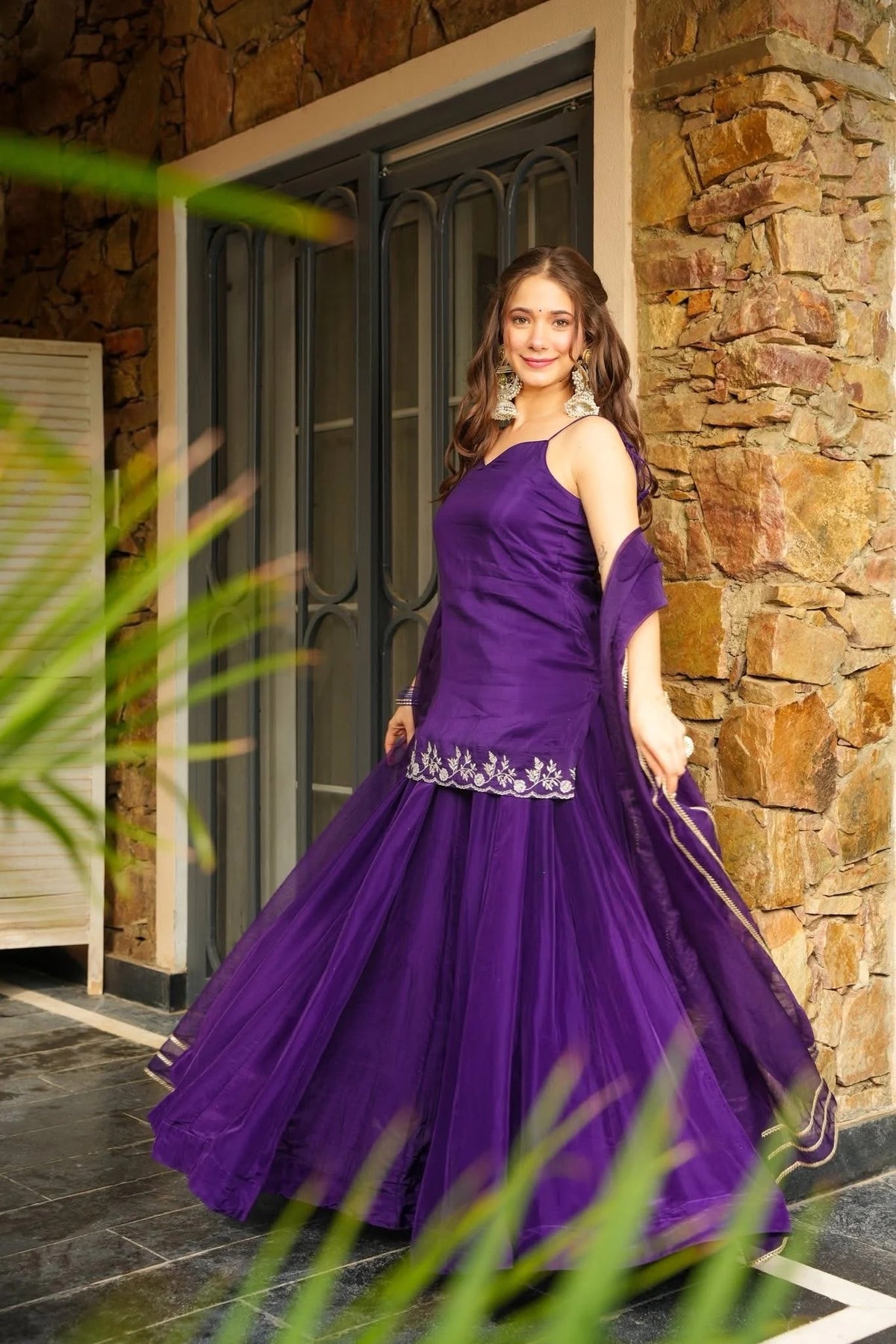 Purple Embroidered Short Kurti with Sharara and Dupatta Set