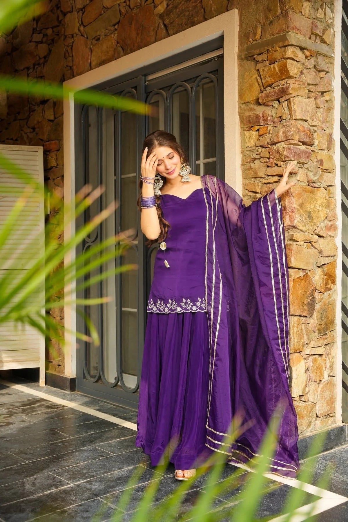 Purple Embroidered Short Kurti with Sharara and Dupatta Set