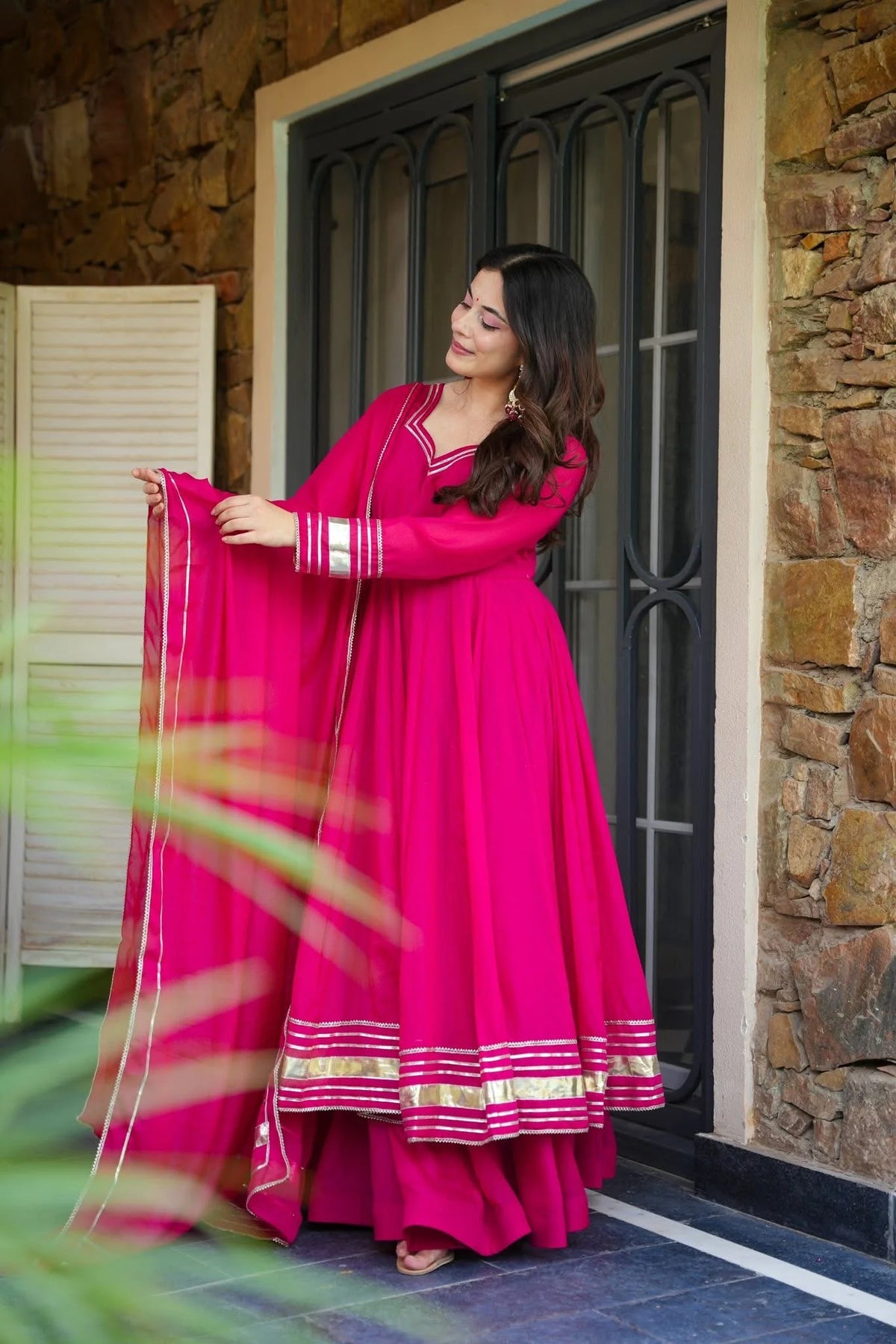 Women's Rani Pink Silk Flared Anarkali Suit Set with Dupatta & Palazzo