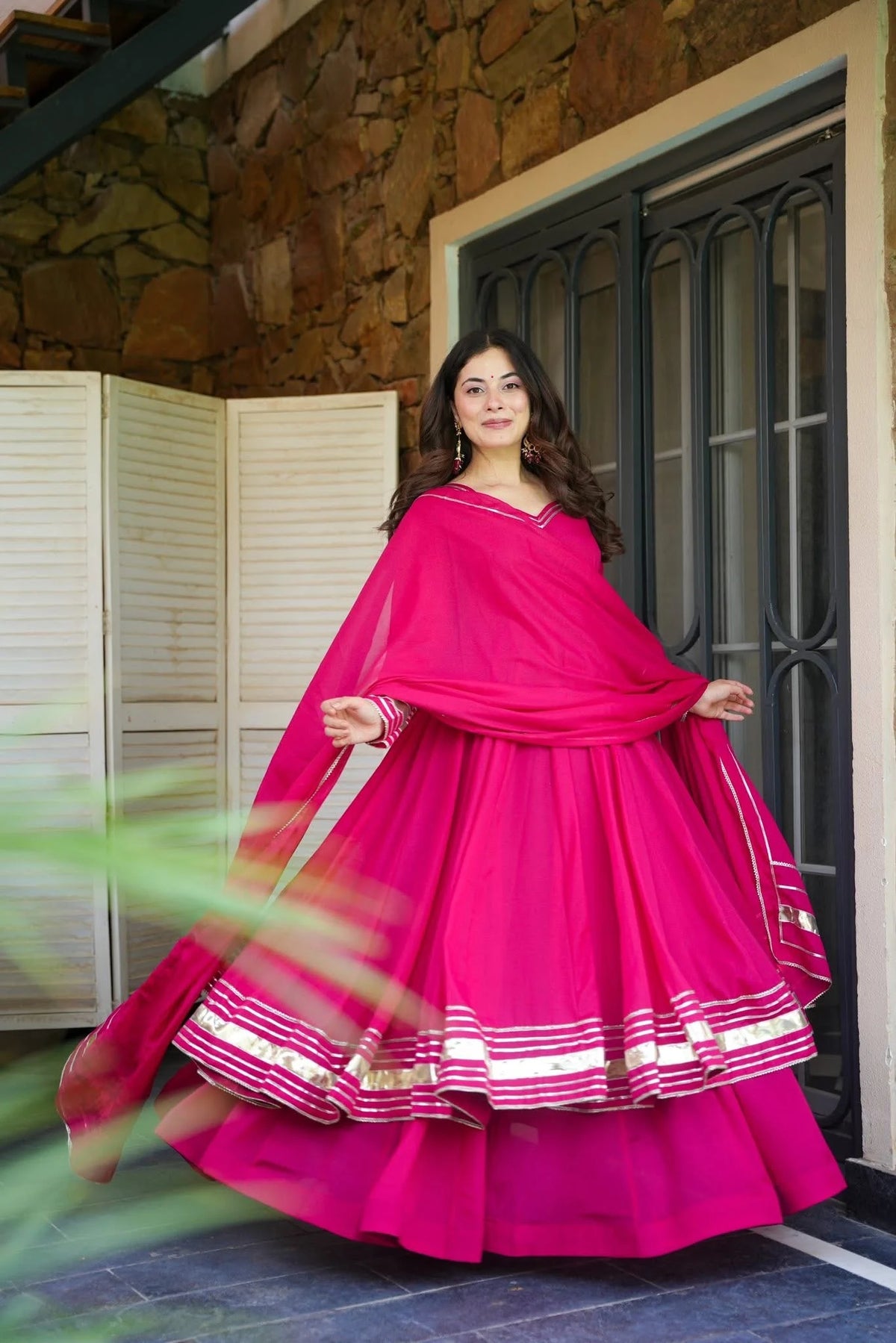 Women's Rani Pink Silk Flared Anarkali Suit Set with Dupatta & Palazzo