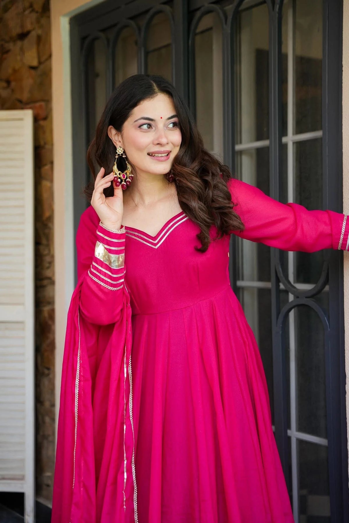 Women's Rani Pink Silk Flared Anarkali Suit Set with Dupatta & Palazzo