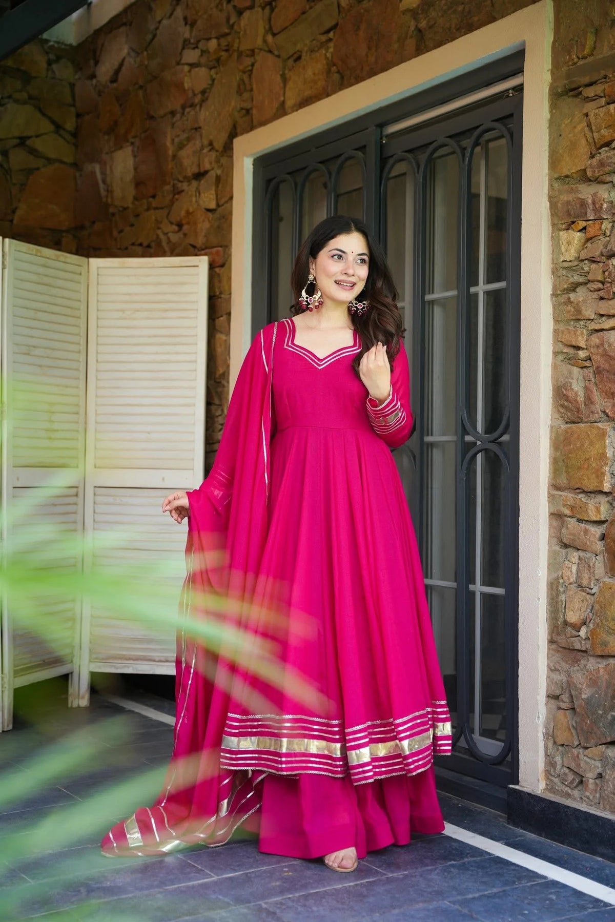 Women's Rani Pink Silk Flared Anarkali Suit Set with Dupatta & Palazzo
