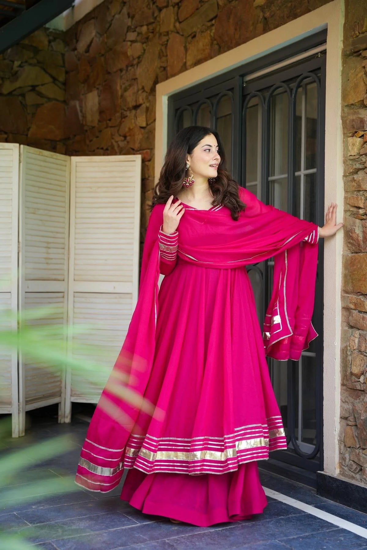 Women's Rani Pink Silk Flared Anarkali Suit Set with Dupatta & Palazzo