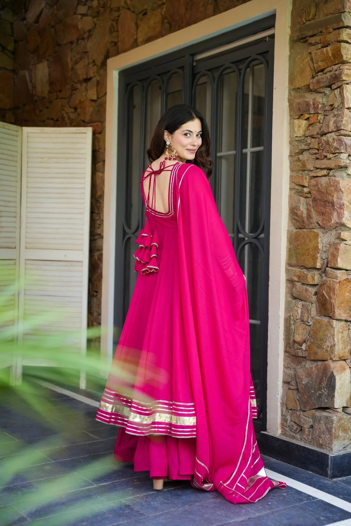Women's Rani Pink Silk Flared Anarkali Suit Set with Dupatta & Palazzo