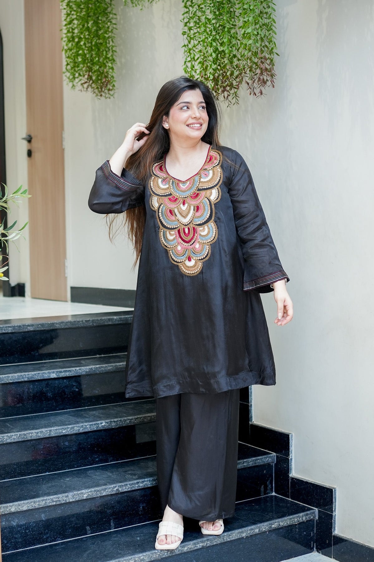 Black Embroidered A-Line Kurta Suit Set for Women