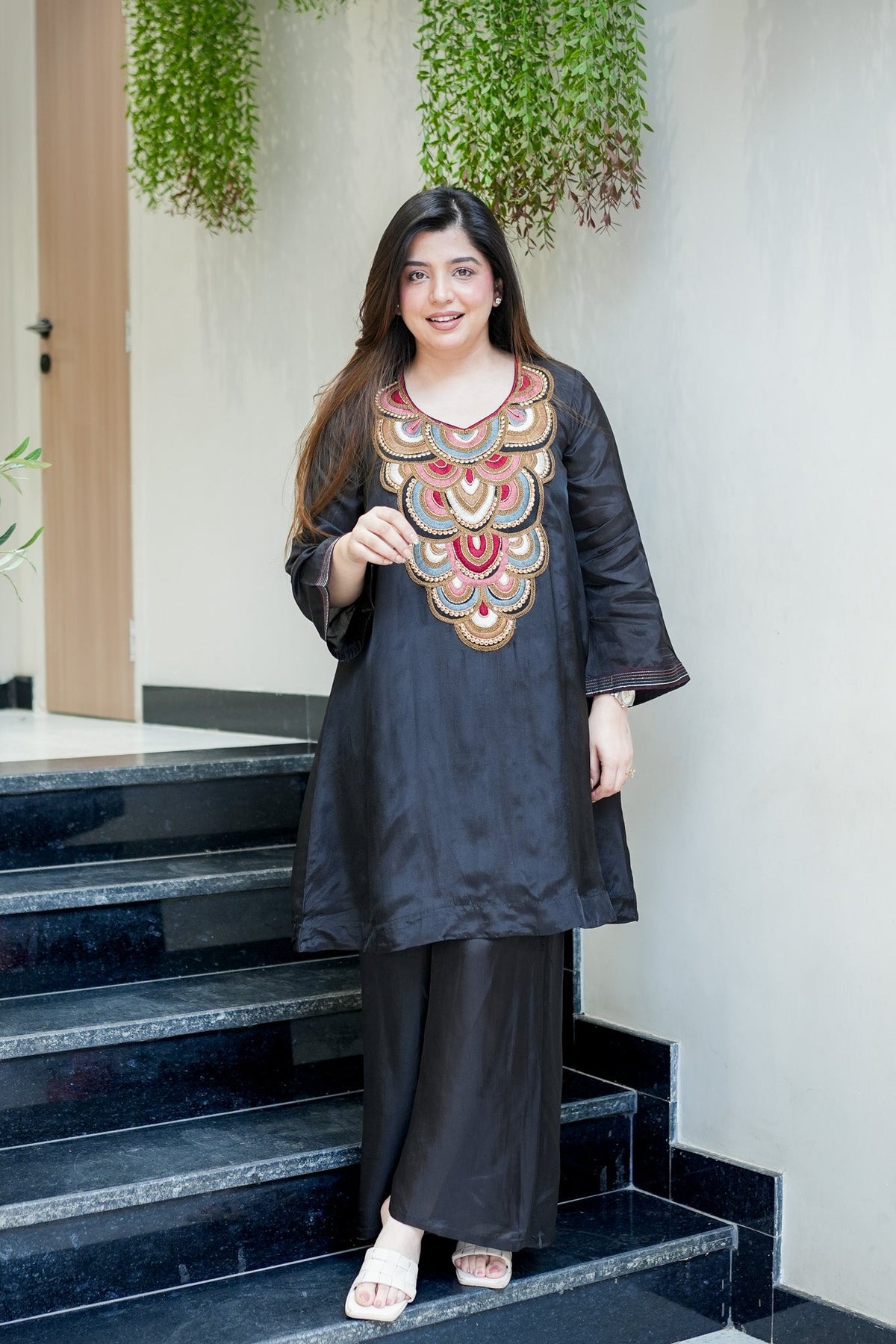 Black Embroidered A-Line Kurta Suit Set for Women
