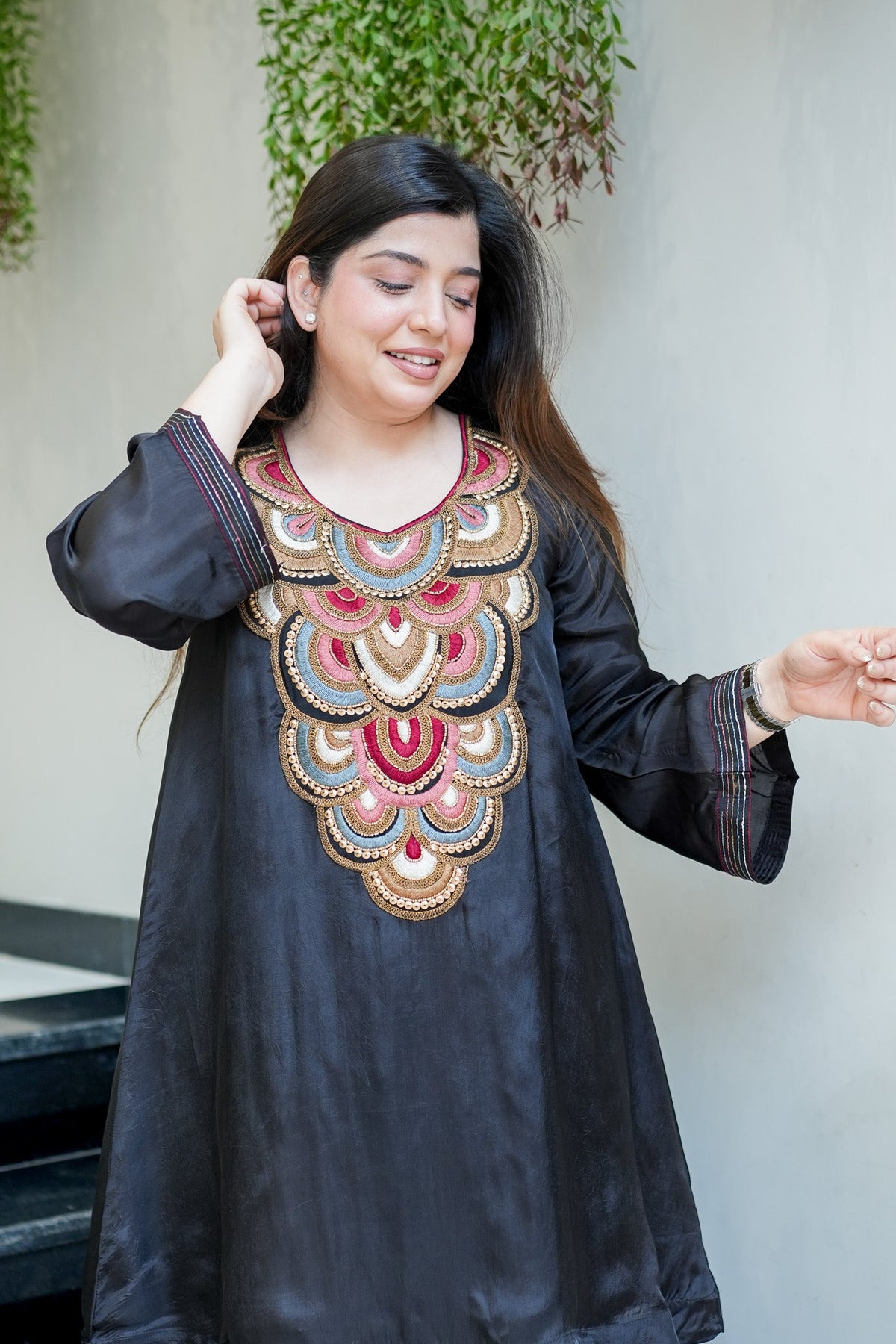 Black Embroidered A-Line Kurta Suit Set for Women
