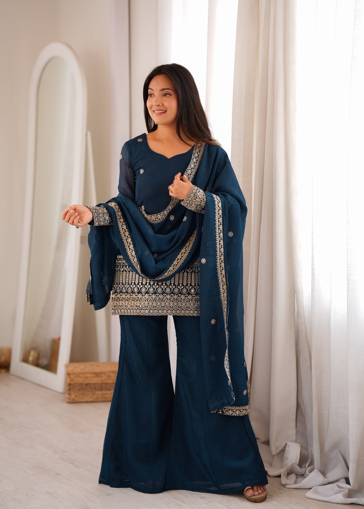 Rama Silk Embroidered Peplum Sharara Set With Dupatta For Women