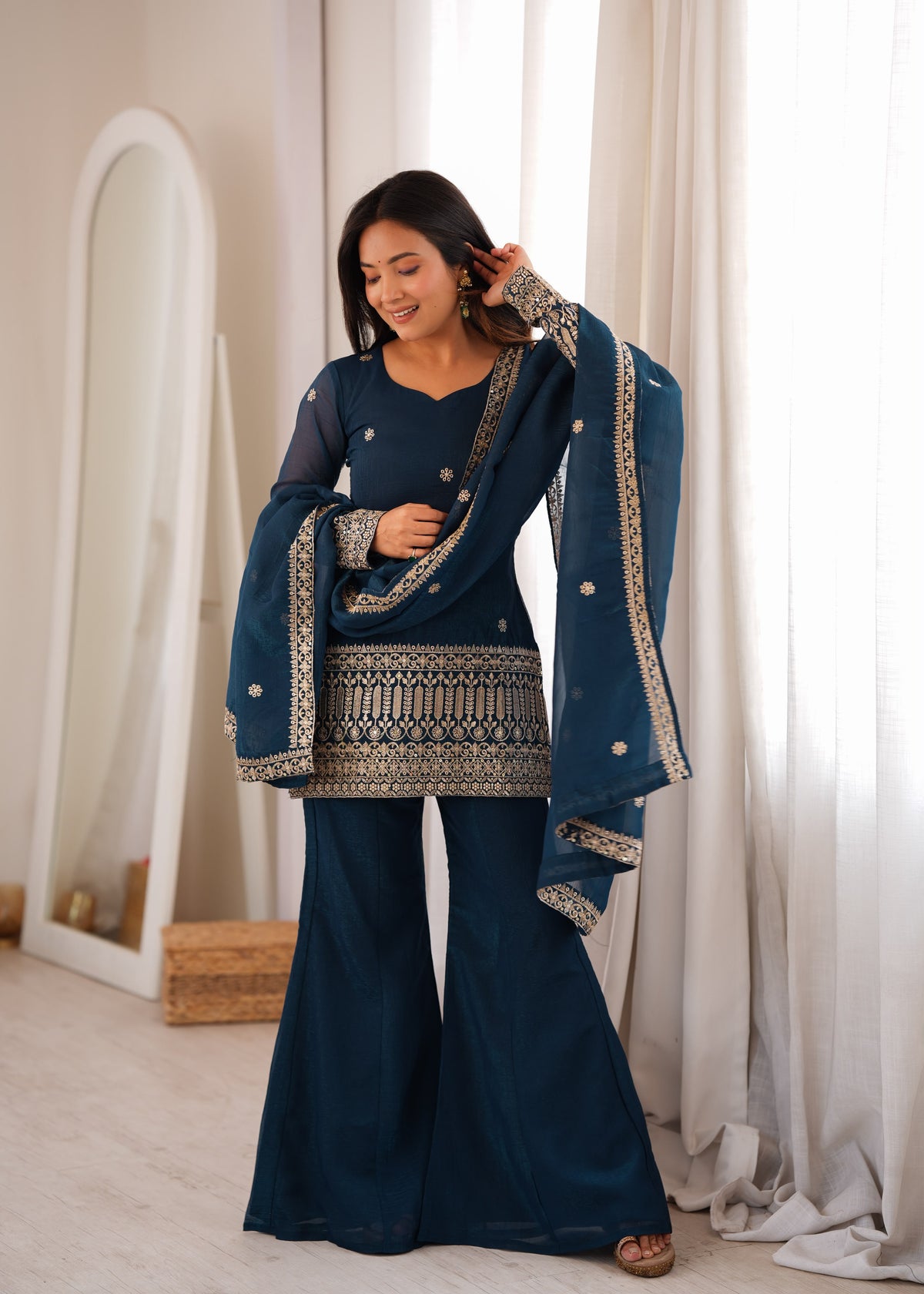 Rama Silk Embroidered Peplum Sharara Set With Dupatta For Women