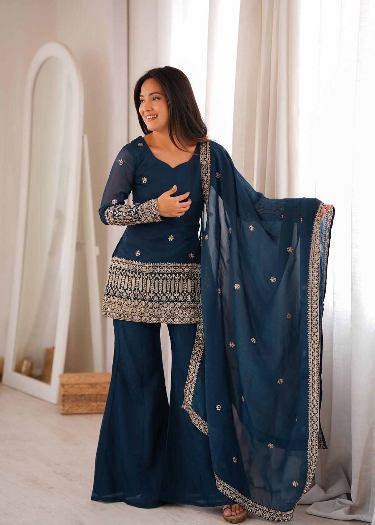 Rama Silk Embroidered Peplum Sharara Set With Dupatta For Women