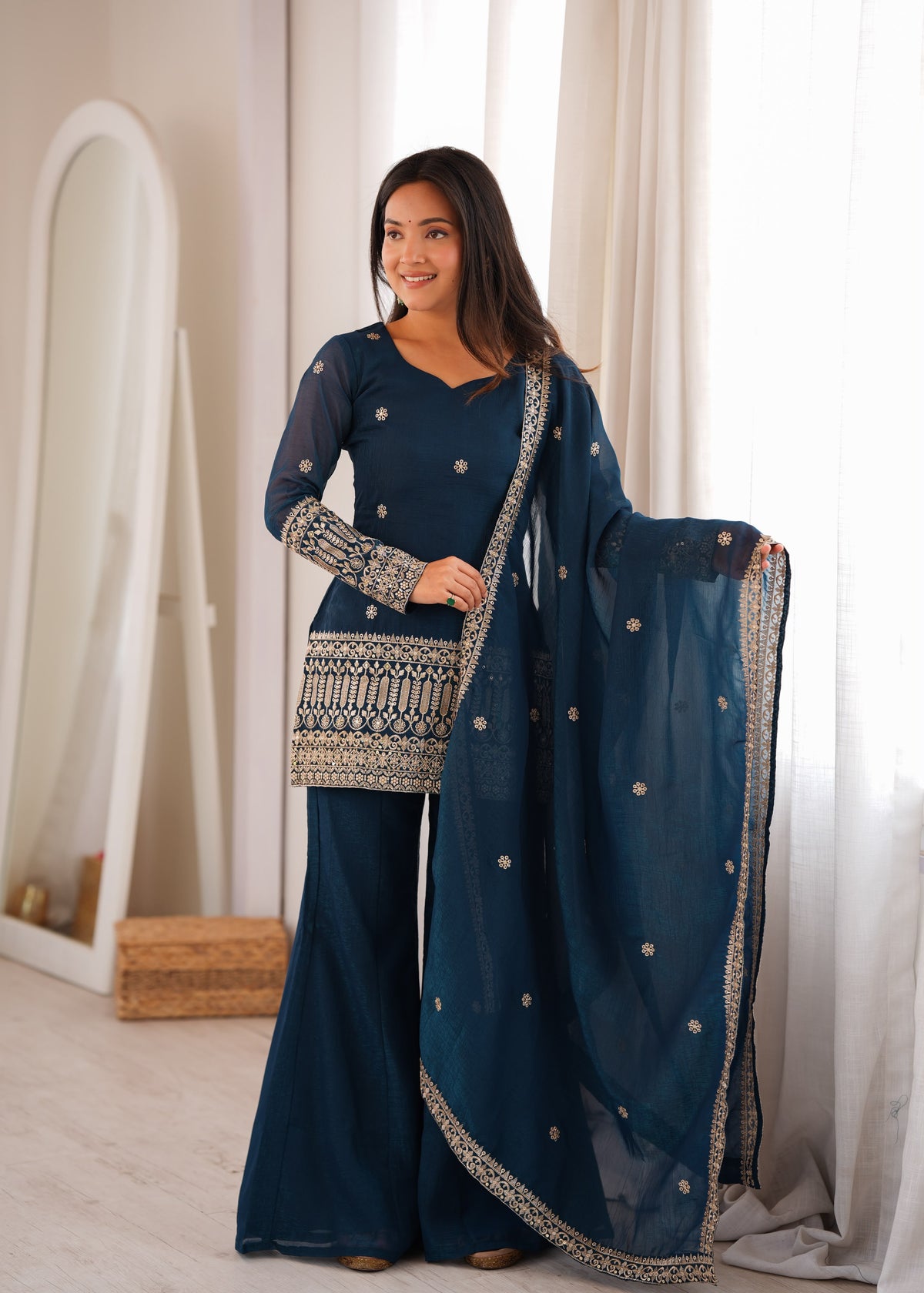 Rama Silk Embroidered Peplum Sharara Set With Dupatta For Women