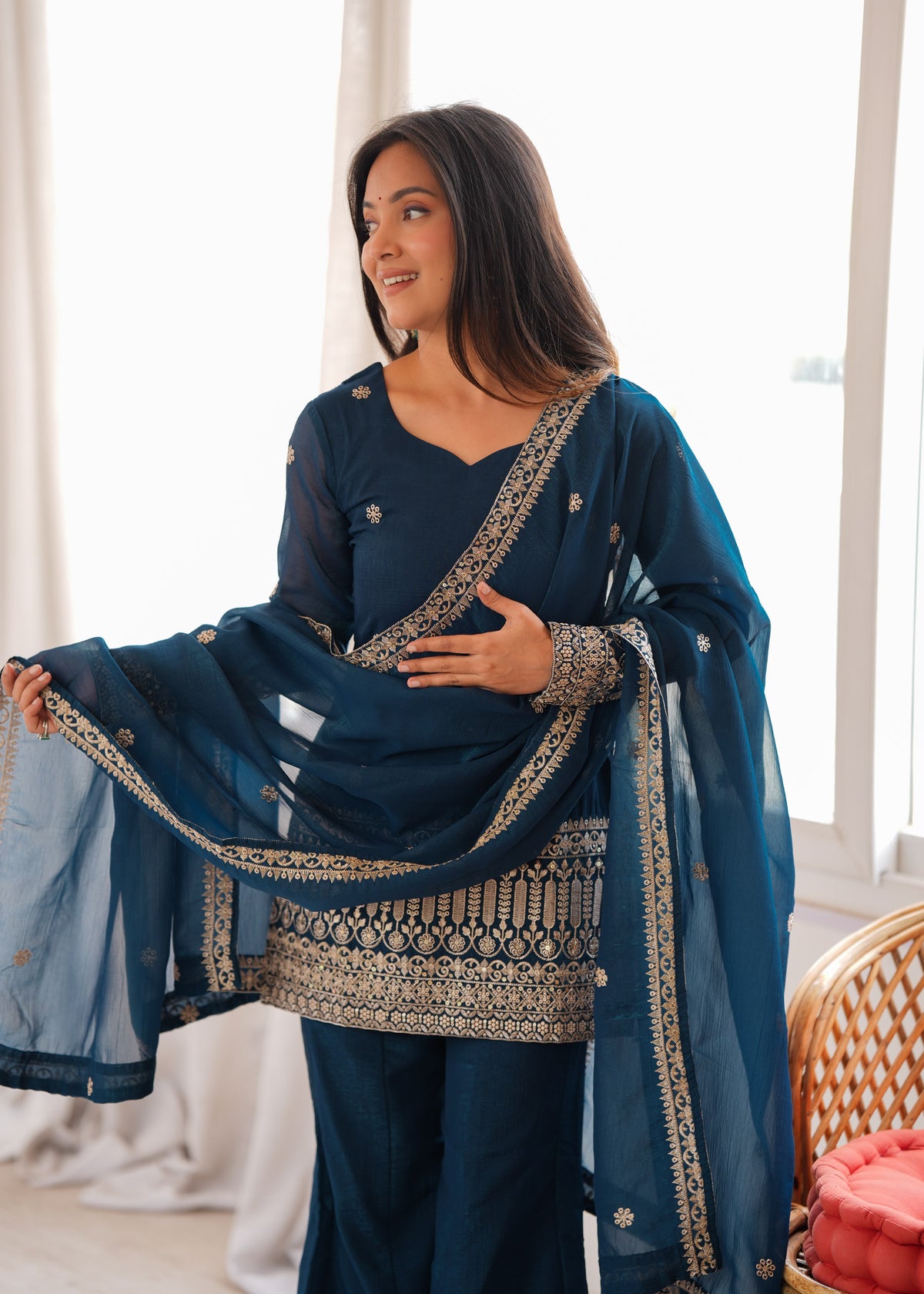 Rama Silk Embroidered Peplum Sharara Set With Dupatta For Women