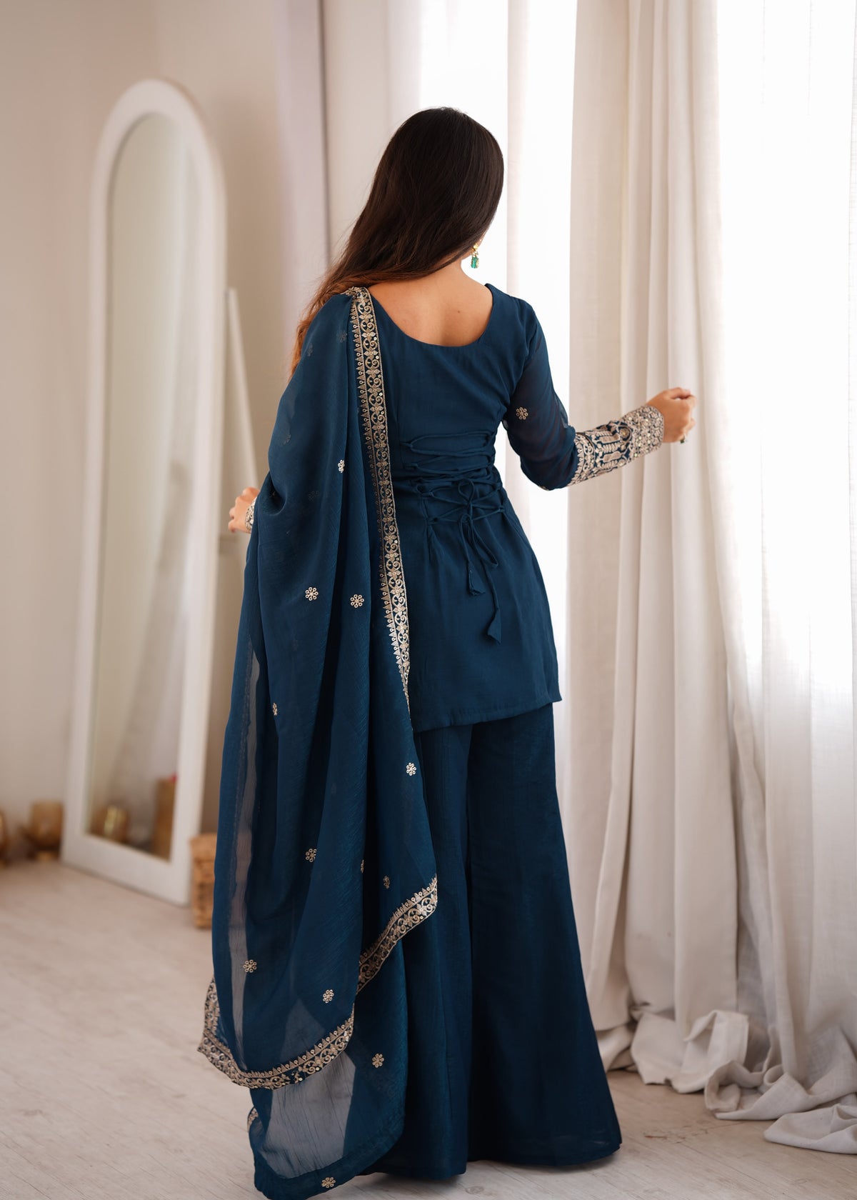 Rama Silk Embroidered Peplum Sharara Set With Dupatta For Women