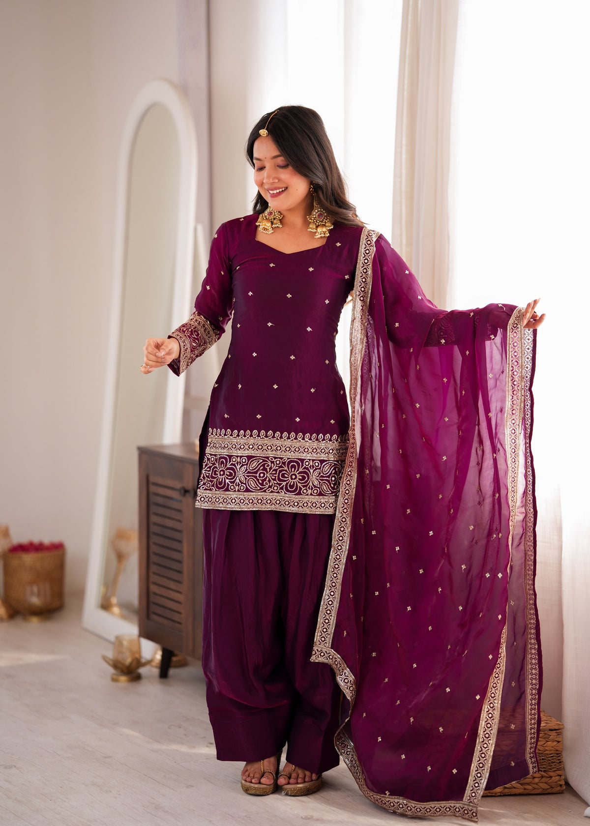 Wine Silk Embroidered Peplum Sharara Set With Dupatta For Women
