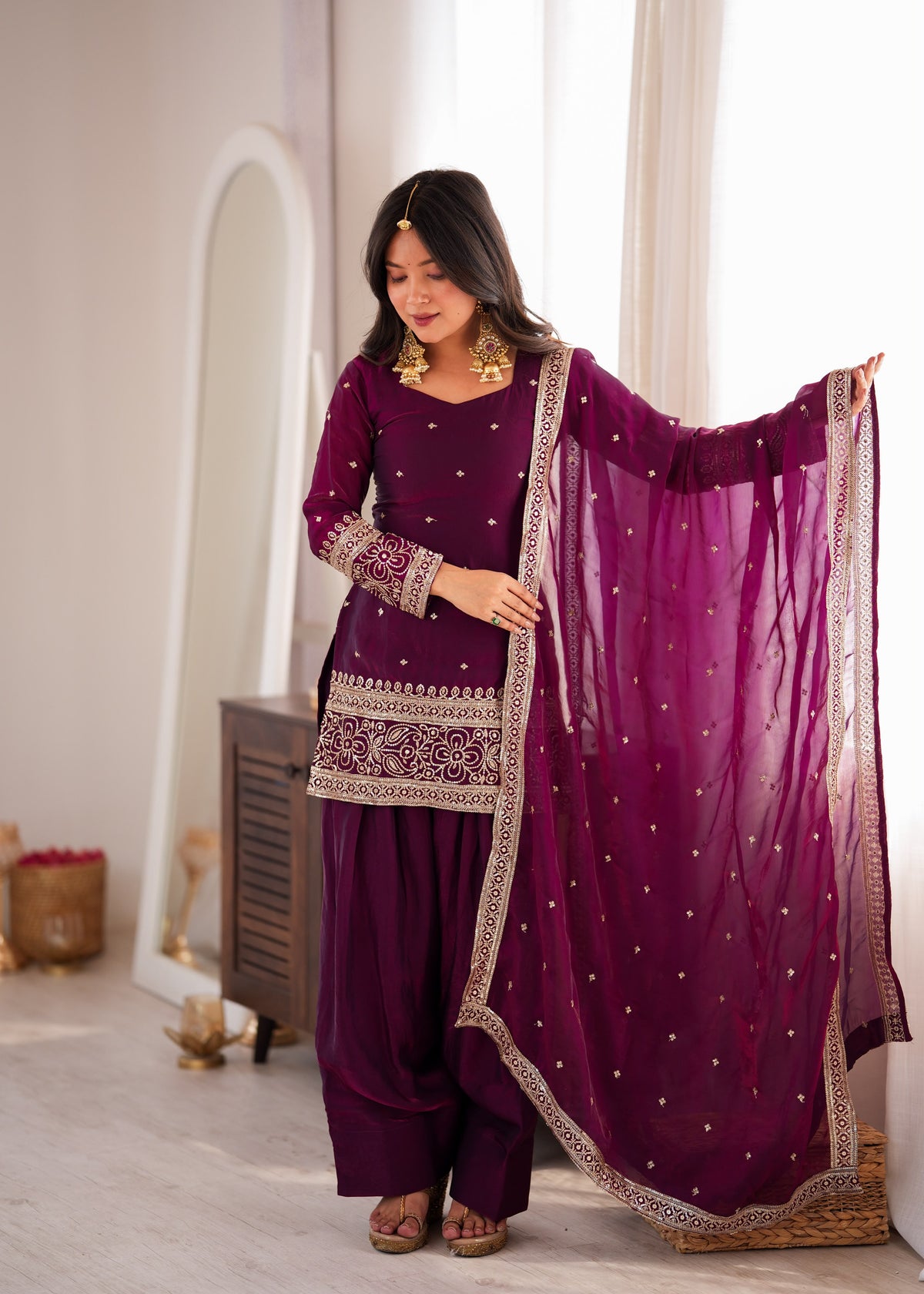 Wine Silk Embroidered Peplum Sharara Set With Dupatta For Women