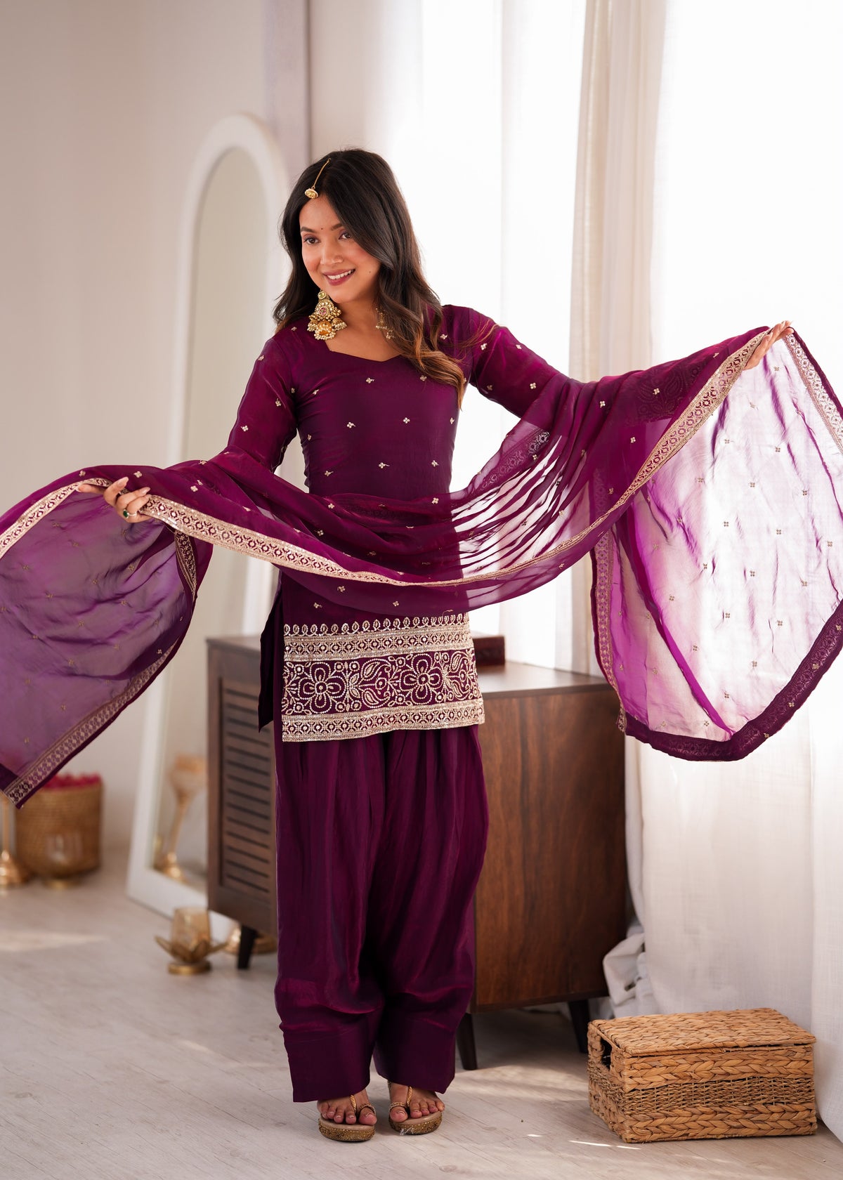 Wine Silk Embroidered Peplum Sharara Set With Dupatta For Women