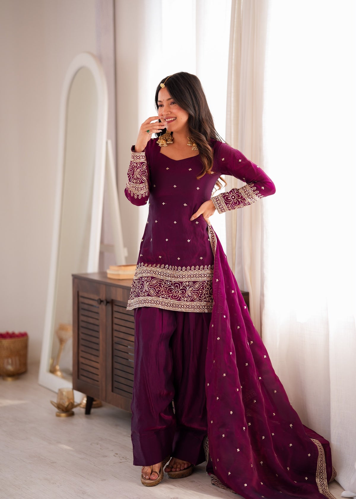 Wine Silk Embroidered Peplum Sharara Set With Dupatta For Women