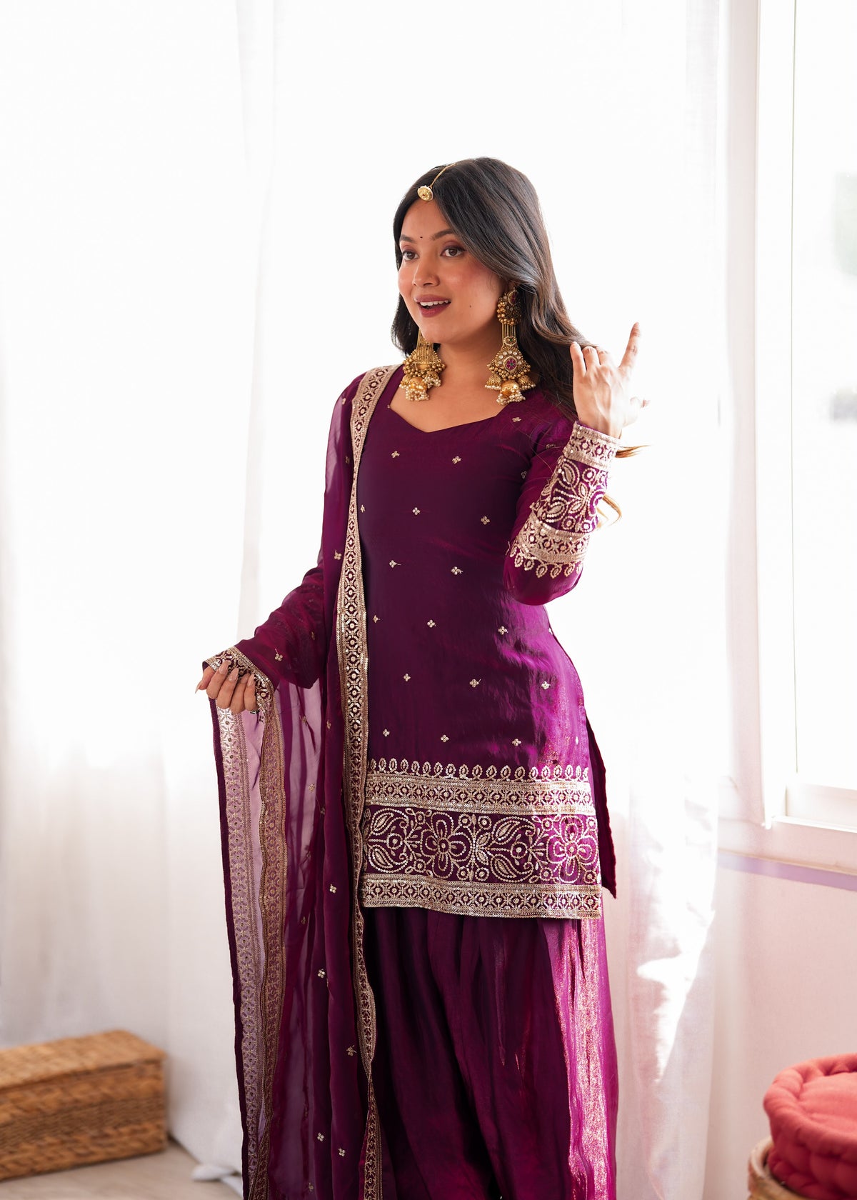 Wine Silk Embroidered Peplum Sharara Set With Dupatta For Women