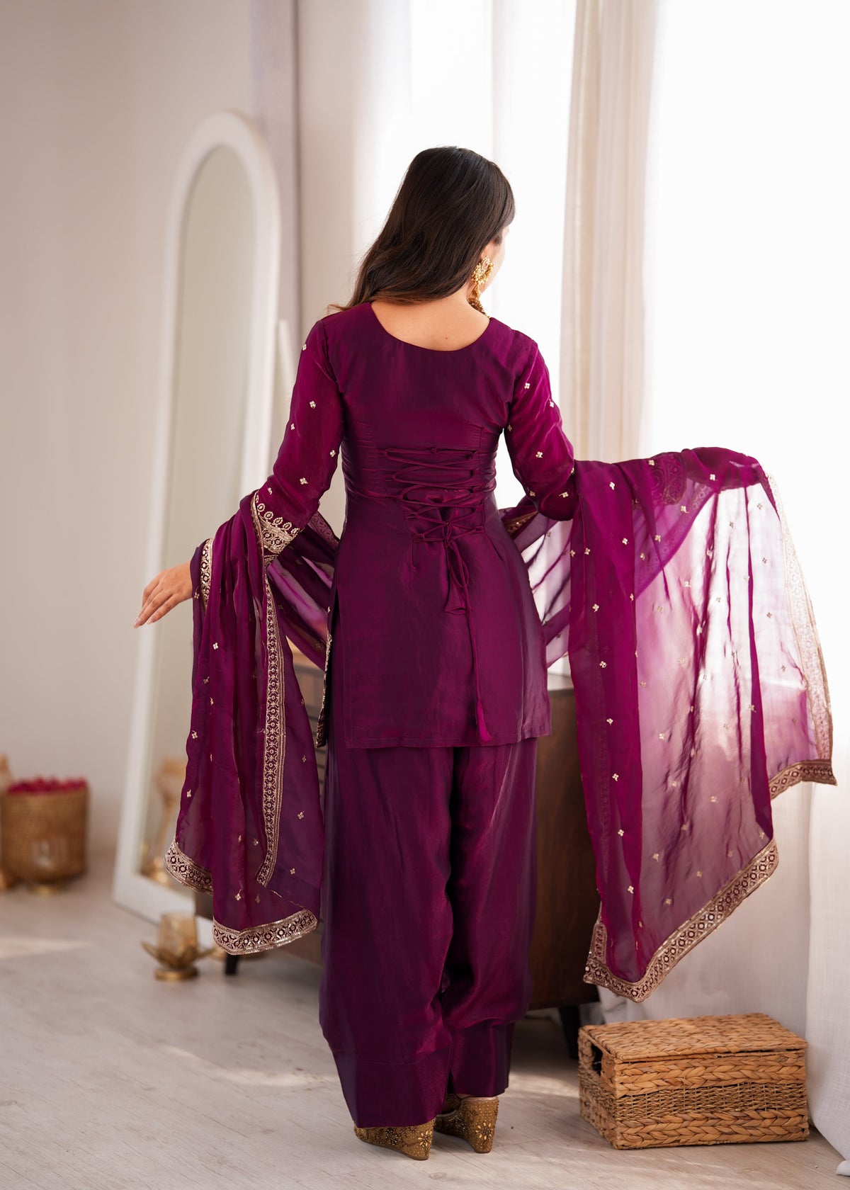 Wine Silk Embroidered Peplum Sharara Set With Dupatta For Women