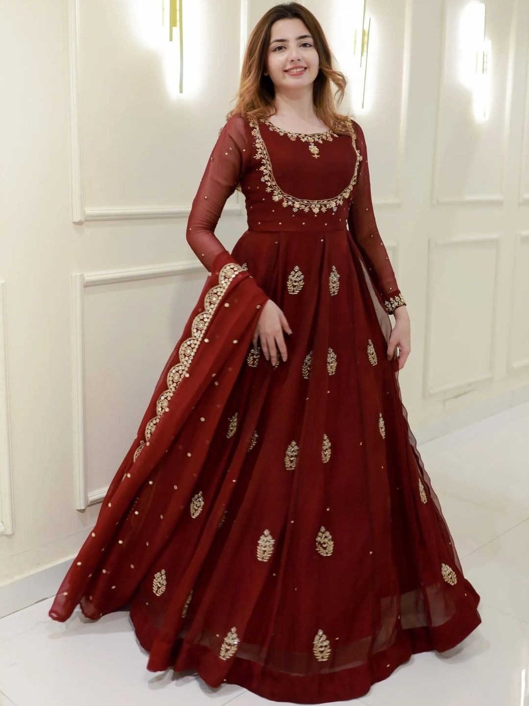 Women’s Maroon Silk Embroidered Anarkali Suit Set with Dupatta & Palazzo