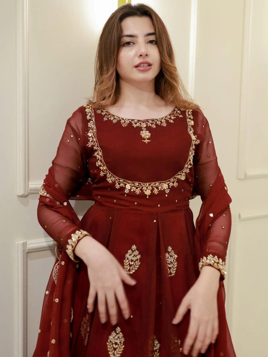 Women’s Maroon Silk Embroidered Anarkali Suit Set with Dupatta & Palazzo