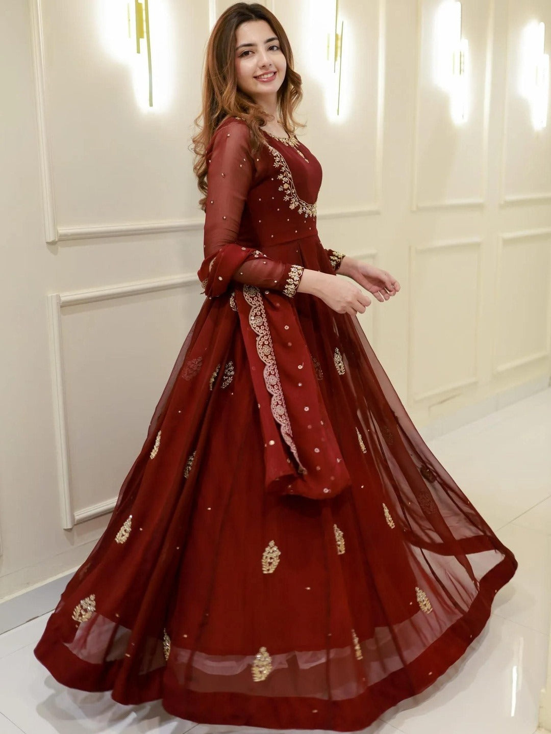 Women’s Maroon Silk Embroidered Anarkali Suit Set with Dupatta & Palazzo