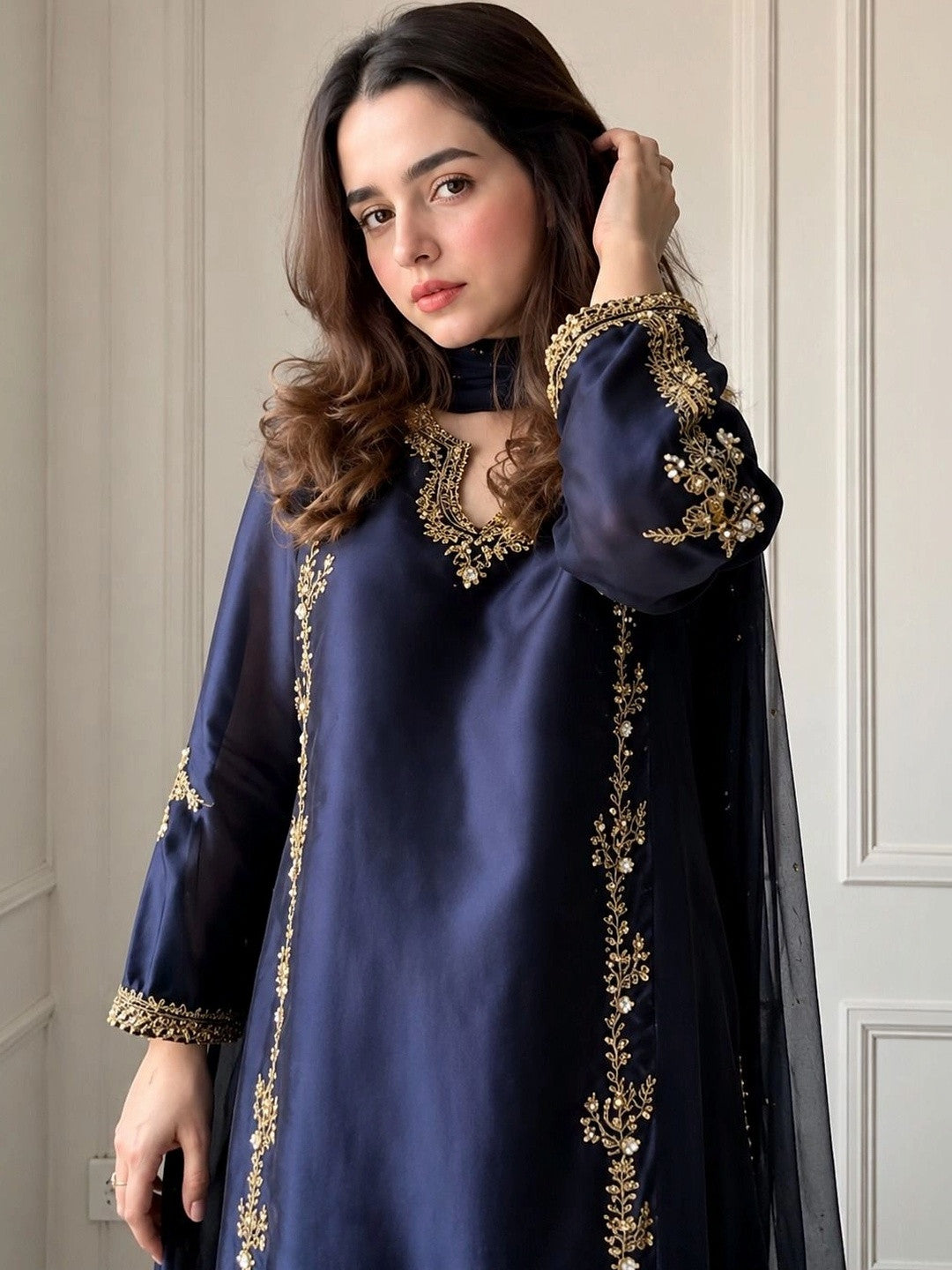 Women’s Navy Blue Silk Embroidered Straight Kurta Set with Palazzo & Dupatta