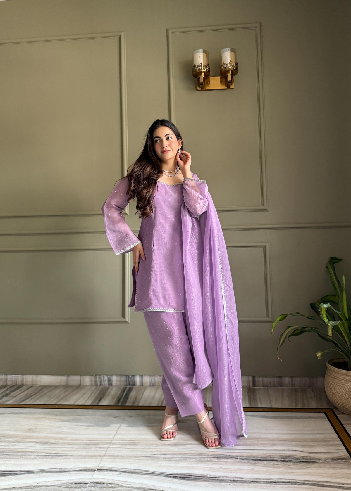 lavender Silk Embroidered Peplum Sharara Set With Dupatta For Women