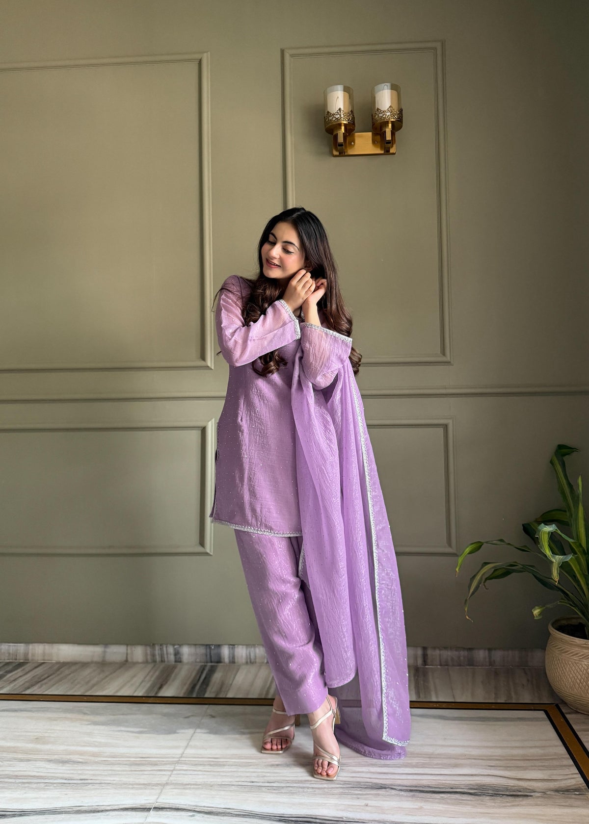 lavender Silk Embroidered Peplum Sharara Set With Dupatta For Women
