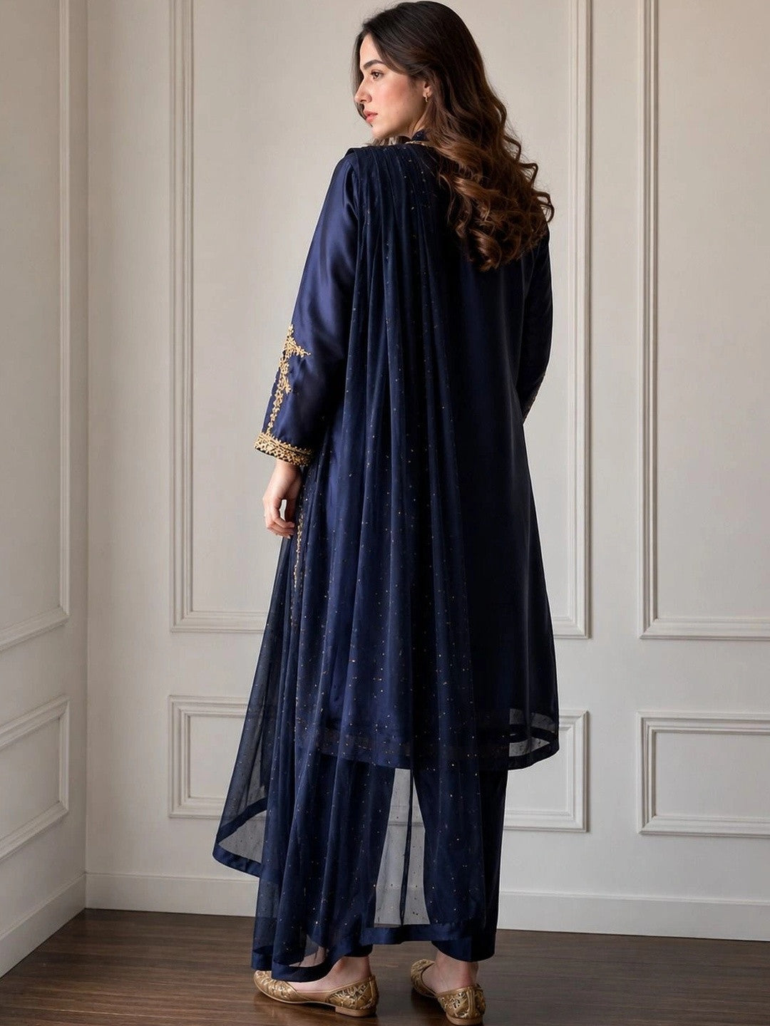 Women’s Navy Blue Silk Embroidered Straight Kurta Set with Palazzo & Dupatta