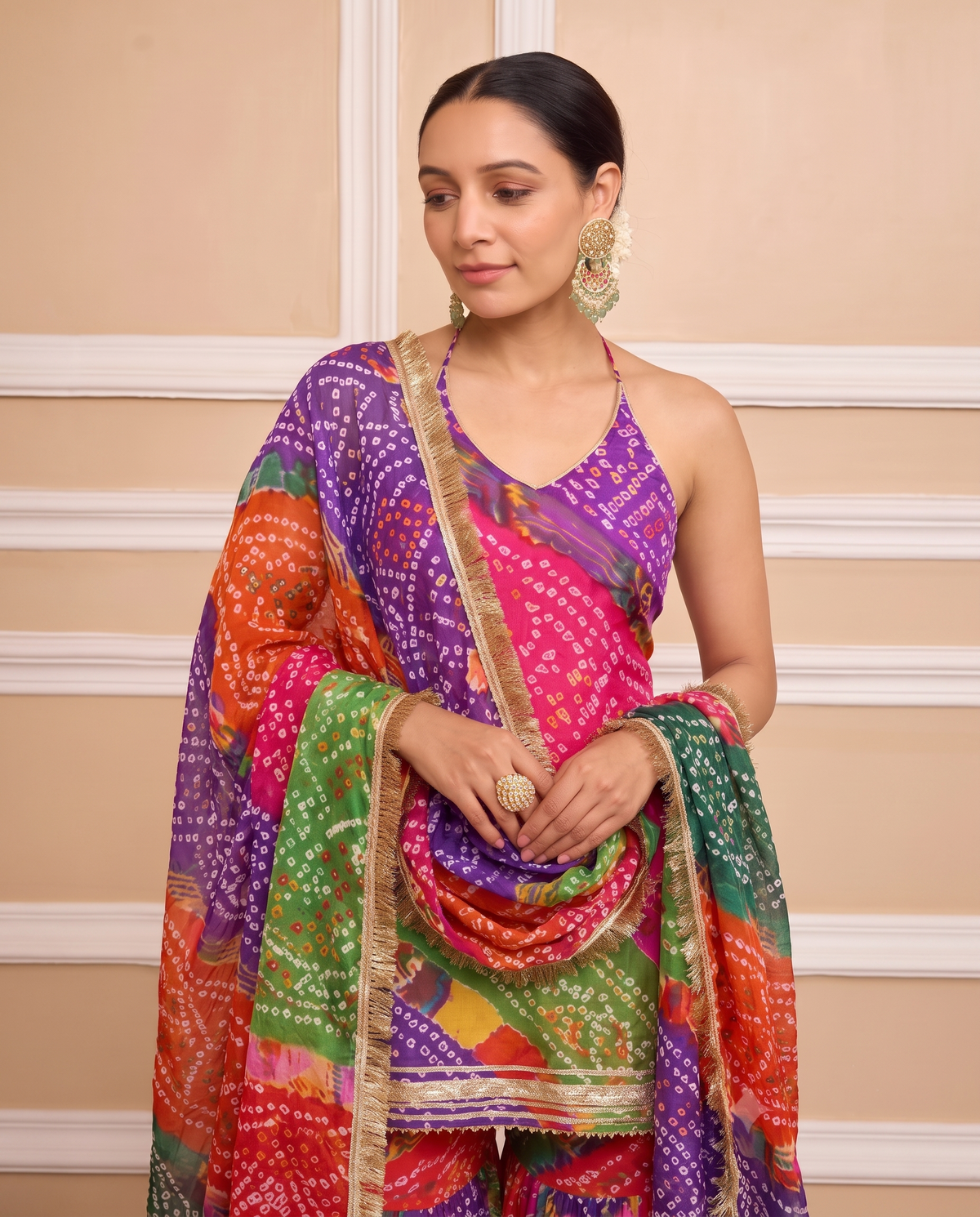 Multicolor Georgette Bandhni Printed Sharara Set with Embellished Kurta & Dupatta