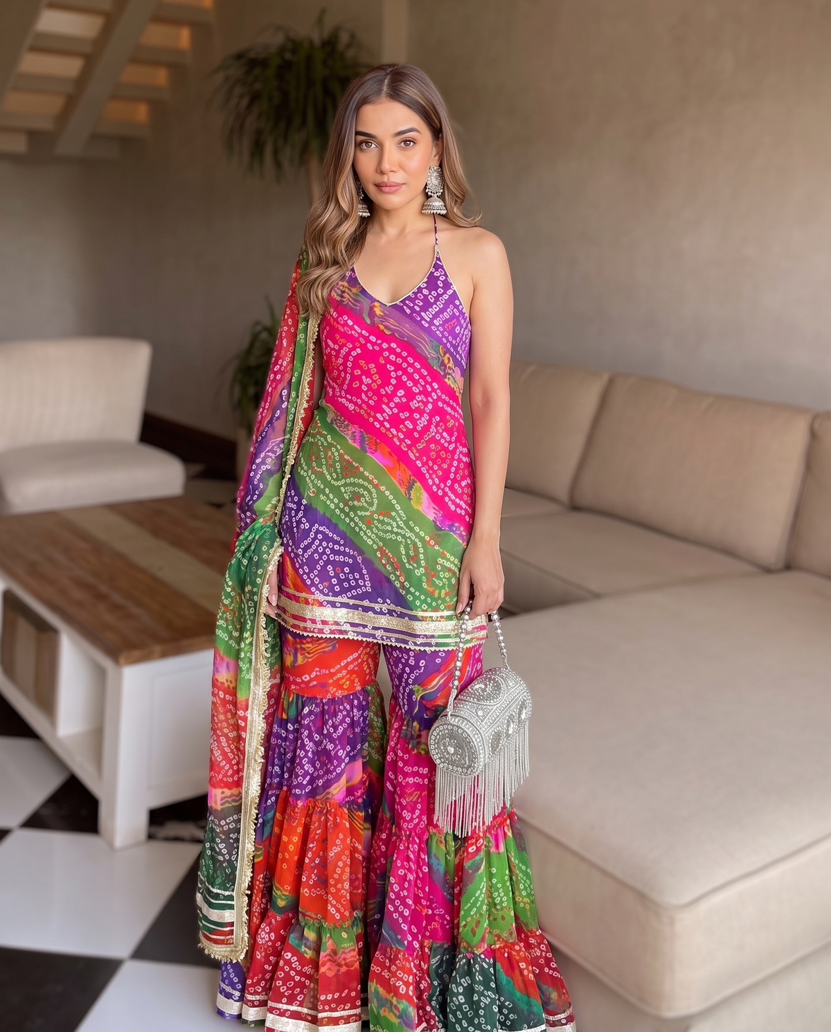 Multicolor Georgette Bandhni Printed Sharara Set with Embellished Kurta & Dupatta