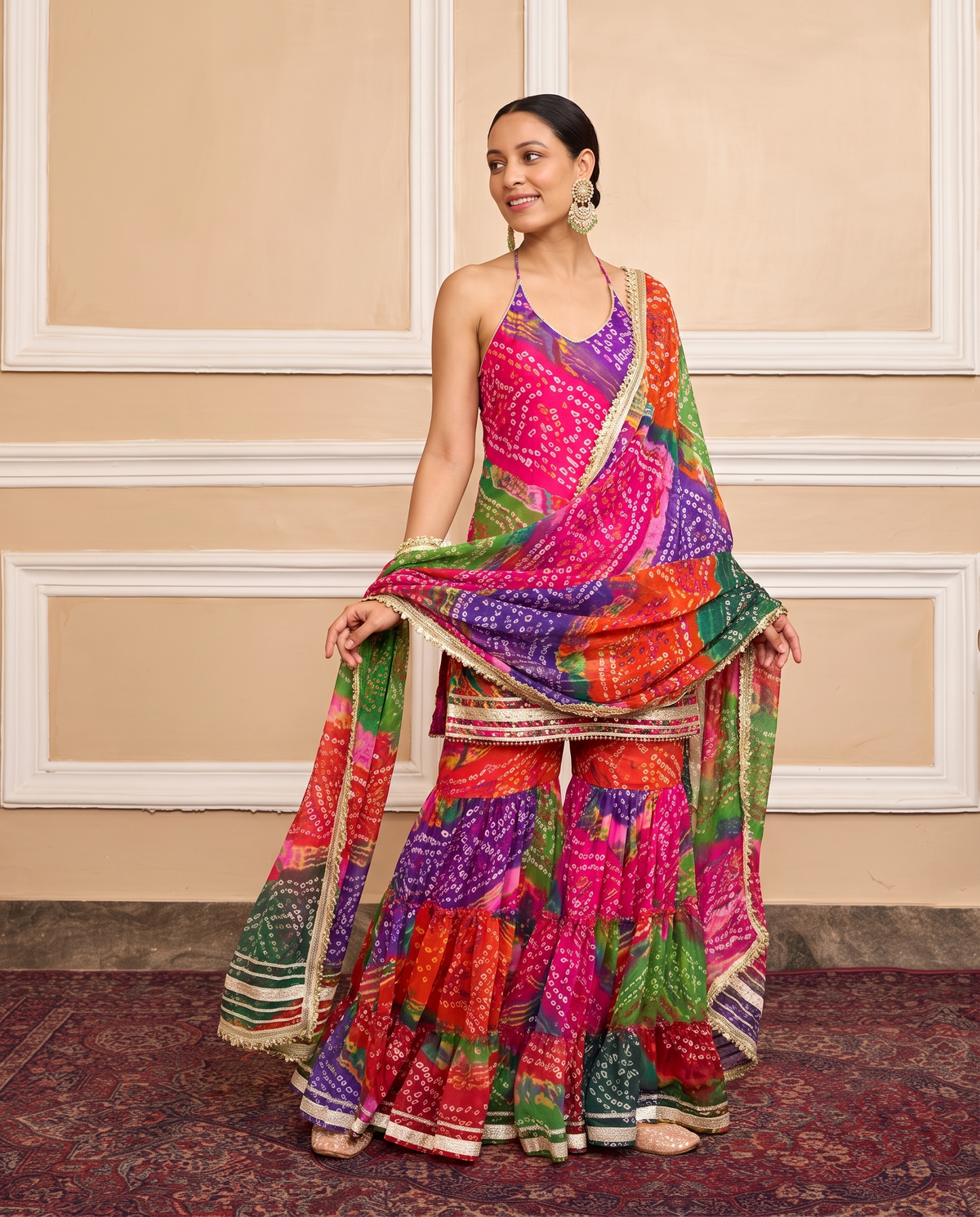 Multicolor Georgette Bandhni Printed Sharara Set with Embellished Kurta & Dupatta