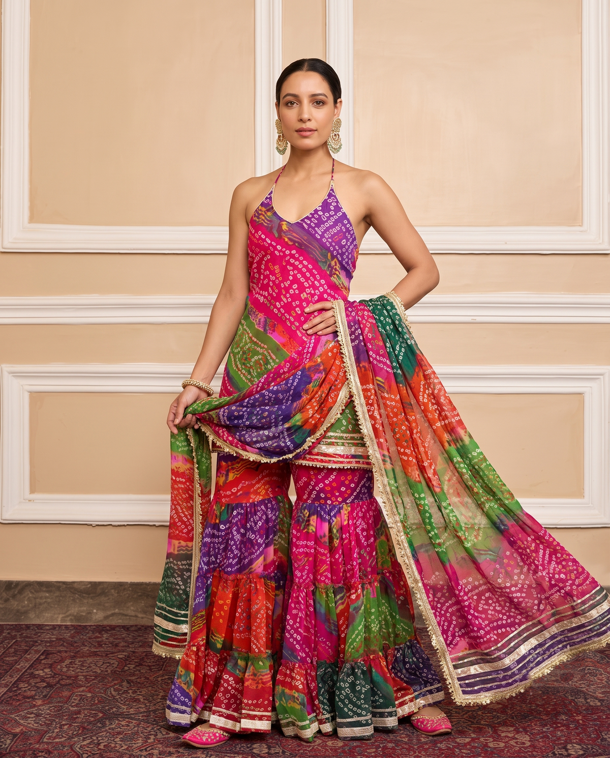 Multicolor Georgette Bandhni Printed Sharara Set with Embellished Kurta & Dupatta