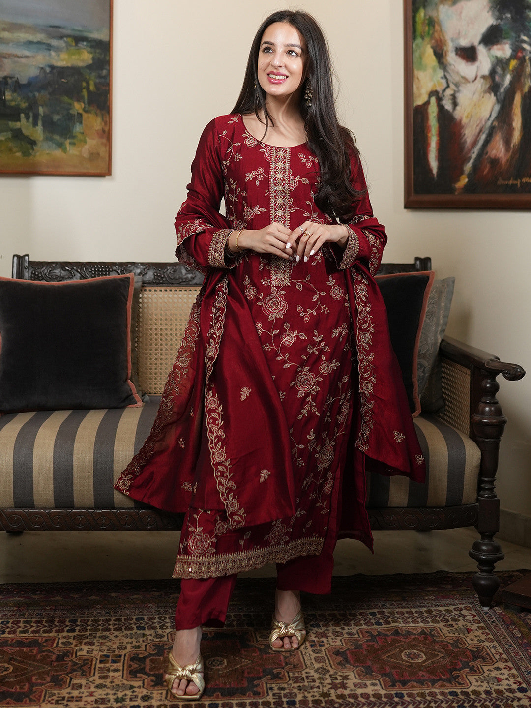 Women's Maroon Embroidered Regular Sequinned Kurta with Trousers & With Dupatta