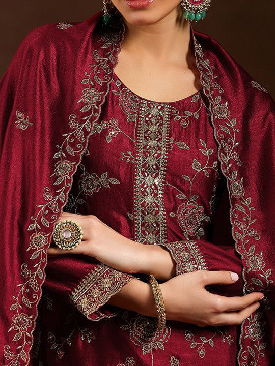 Women's Maroon Embroidered Regular Sequinned Kurta with Trousers & With Dupatta