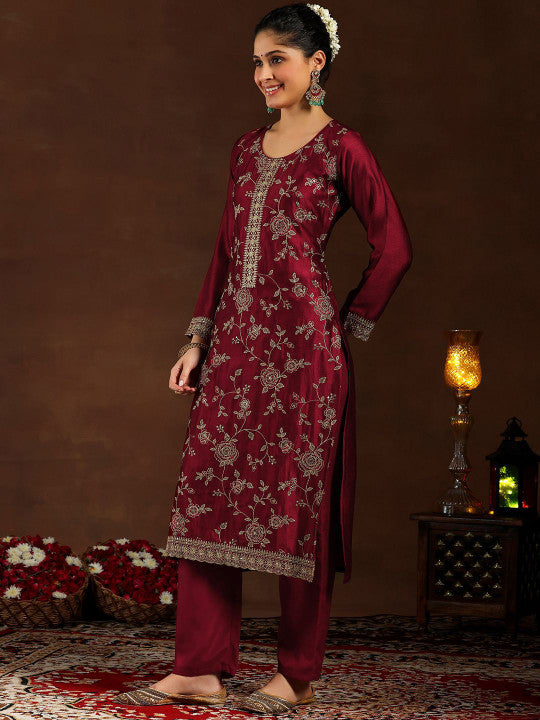 Women's Maroon Embroidered Regular Sequinned Kurta with Trousers & With Dupatta