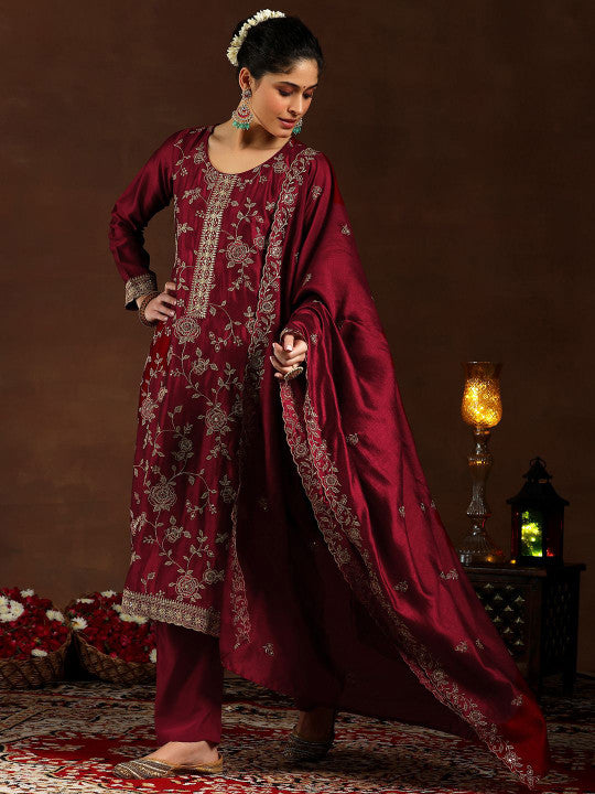 Women's Maroon Embroidered Regular Sequinned Kurta with Trousers & With Dupatta