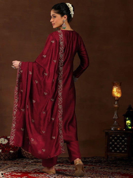 Women's Maroon Embroidered Regular Sequinned Kurta with Trousers & With Dupatta